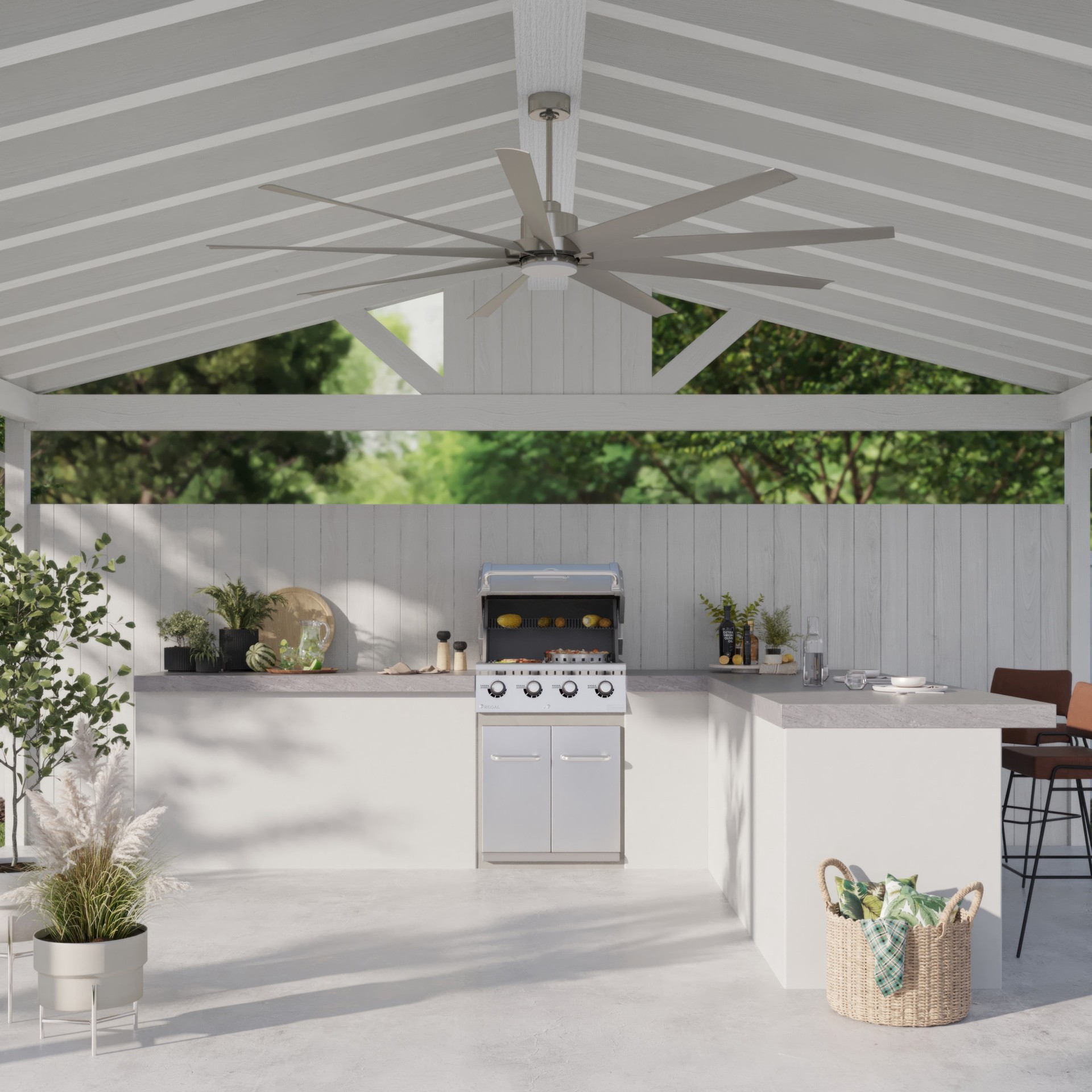 slide 2 of 6, Fanimation Studio Collection EightyFour 84-in Brushed Nickel with Brushed Nickel Blades Color-Changing Integrated LED Covered Outdoor Ceiling Fan With Light 9 -Blade, 1 ct