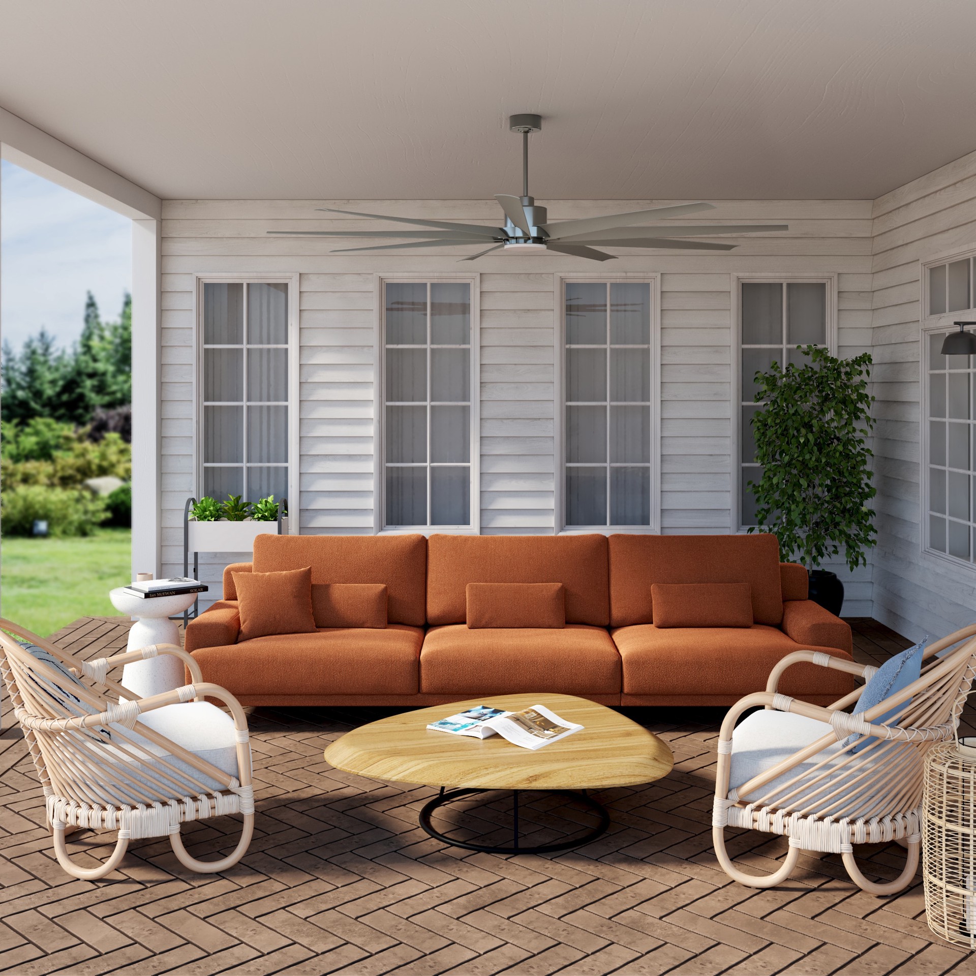 slide 3 of 6, Fanimation Studio Collection EightyFour 84-in Brushed Nickel with Brushed Nickel Blades Color-Changing Integrated LED Covered Outdoor Ceiling Fan With Light 9 -Blade, 1 ct