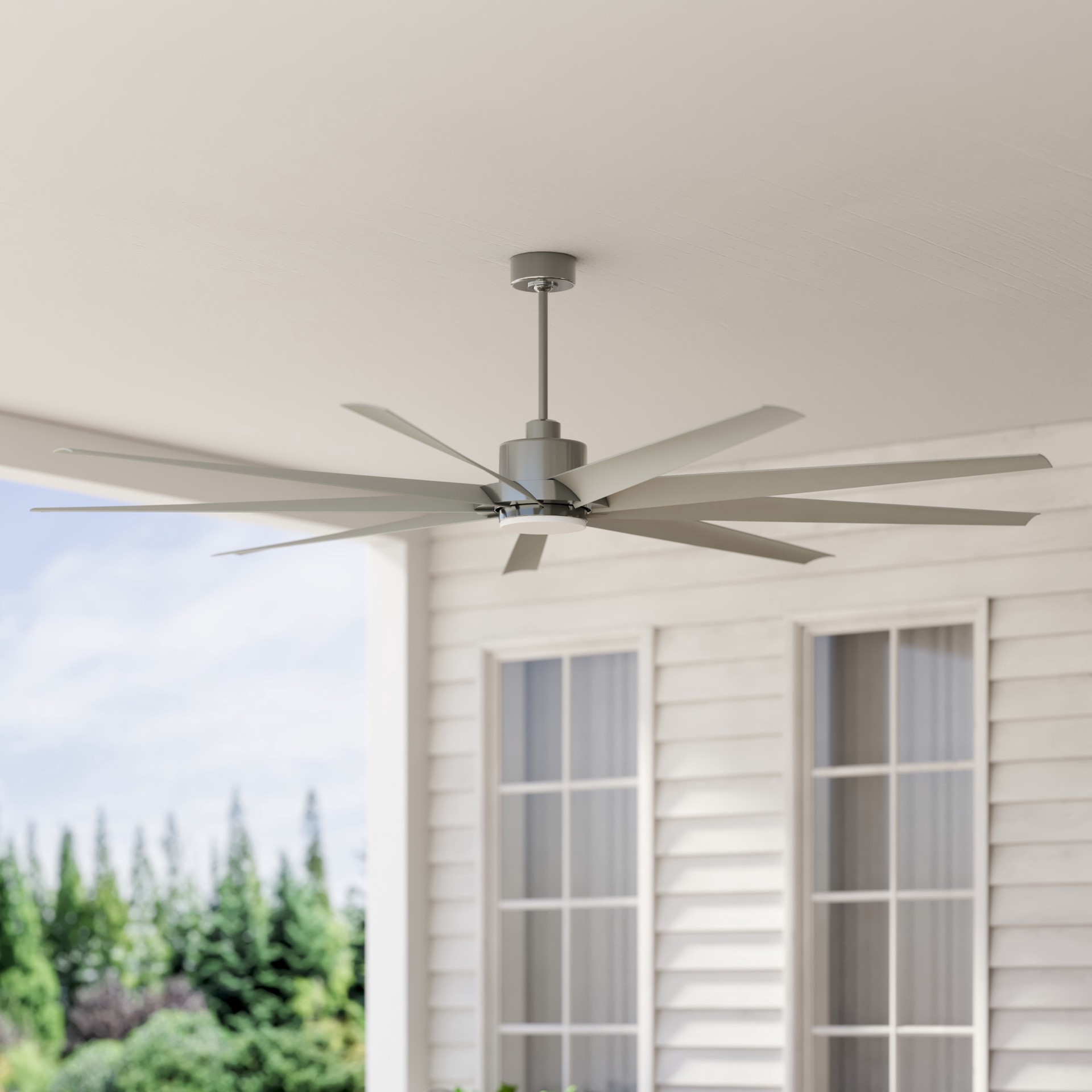 slide 4 of 6, Fanimation Studio Collection EightyFour 84-in Brushed Nickel with Brushed Nickel Blades Color-Changing Integrated LED Covered Outdoor Ceiling Fan With Light 9 -Blade, 1 ct