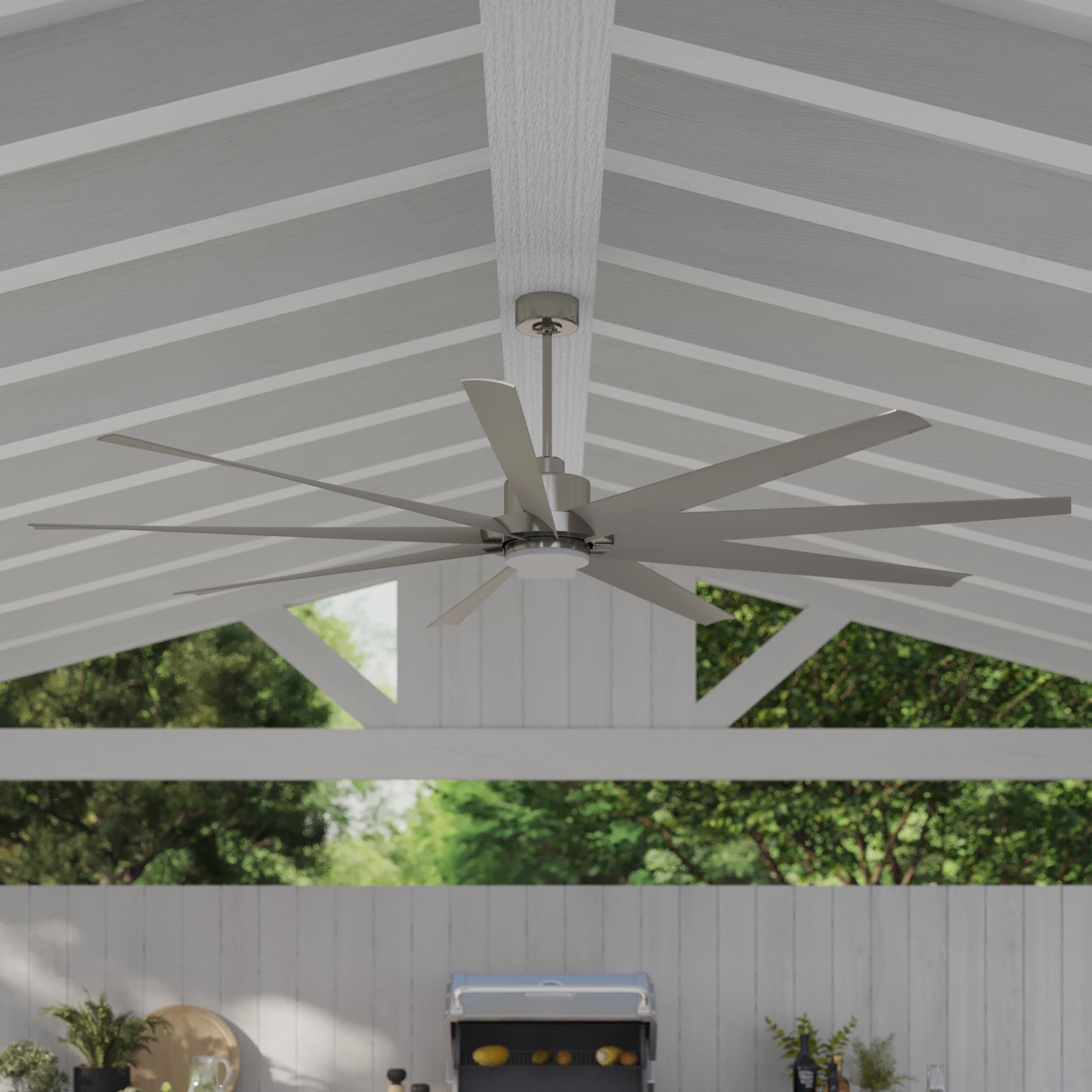 slide 5 of 6, Fanimation Studio Collection EightyFour 84-in Brushed Nickel with Brushed Nickel Blades Color-Changing Integrated LED Covered Outdoor Ceiling Fan With Light 9 -Blade, 1 ct