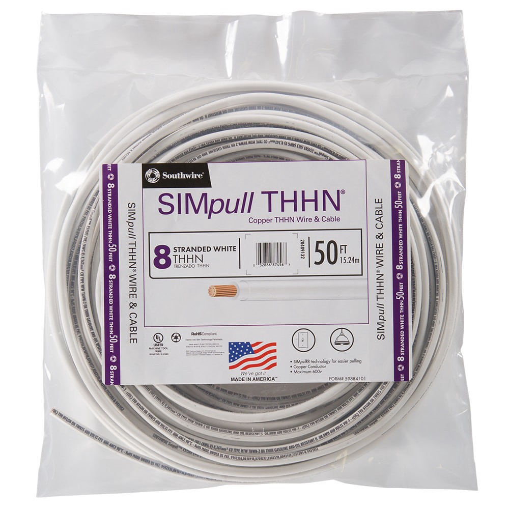 slide 1 of 5, Southwire SIMpull 50-ft 8 -AWG White Stranded Copper THHN wire ( By-the-roll ), 1 ct