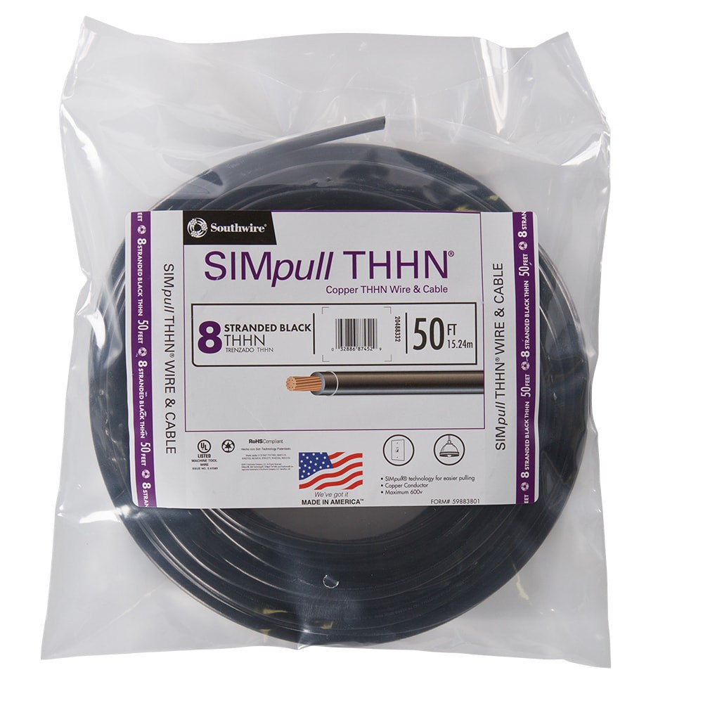 slide 1 of 5, Southwire SIMpull 50-ft 8 -AWG Black Stranded Copper THHN wire ( By-the-roll ), 1 ct
