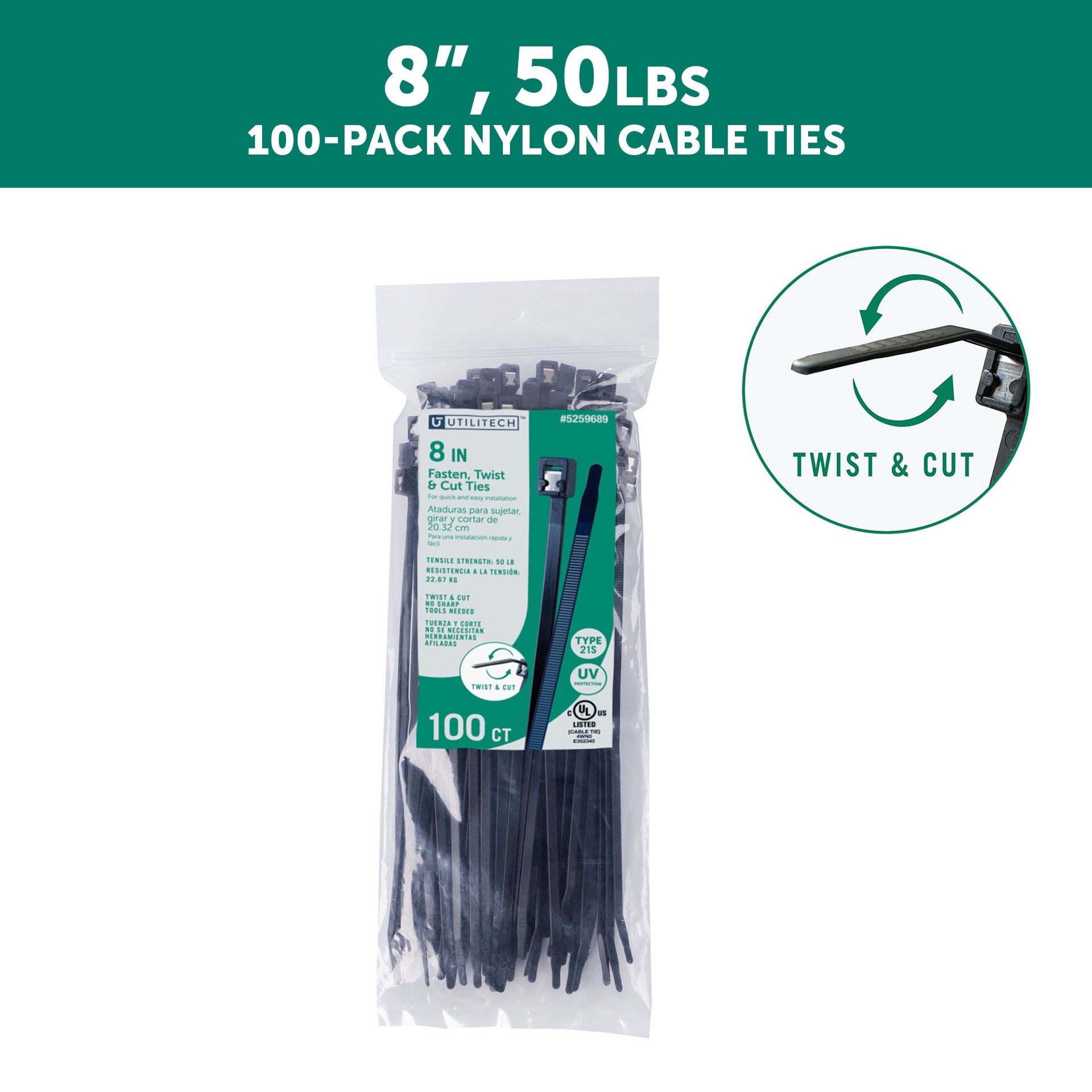 slide 2 of 6, Utilitech 8-in 50.0-lb Tensile Strength Nylon Twist cut cable ties Black with UV Protection 100 -Pack, 1 ct