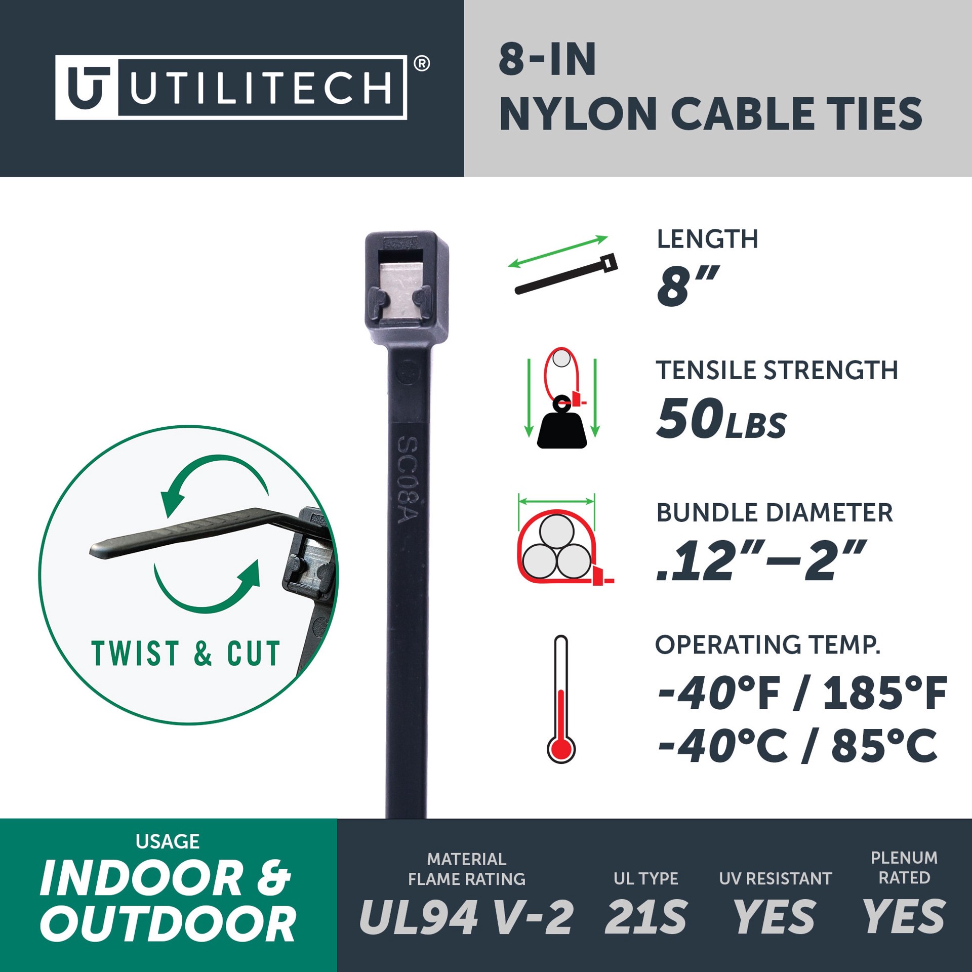 slide 4 of 6, Utilitech 8-in 50-lb Tensile Strength Nylon Twist cut cable ties Black with UV Protection 100 -Pack, 1 ct