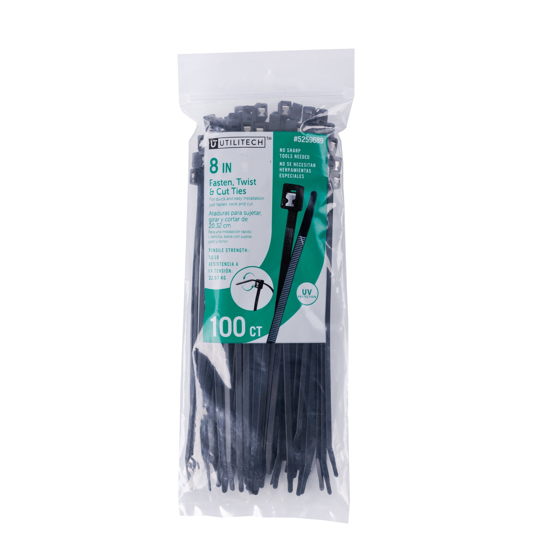 slide 1 of 6, Utilitech 8-in 50.0-lb Tensile Strength Nylon Twist cut cable ties Black with UV Protection 100 -Pack, 1 ct