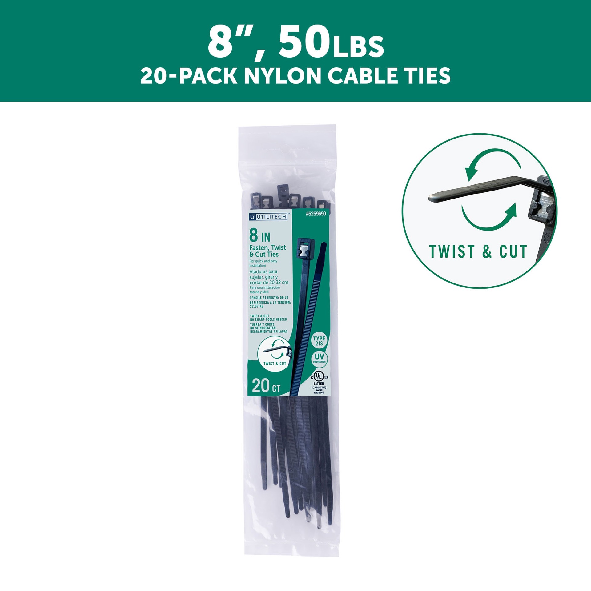 slide 2 of 6, Utilitech 8-in 50.0-lb Tensile Strength Nylon Twist cut cable ties Black with UV Protection 20 -Pack, 1 ct