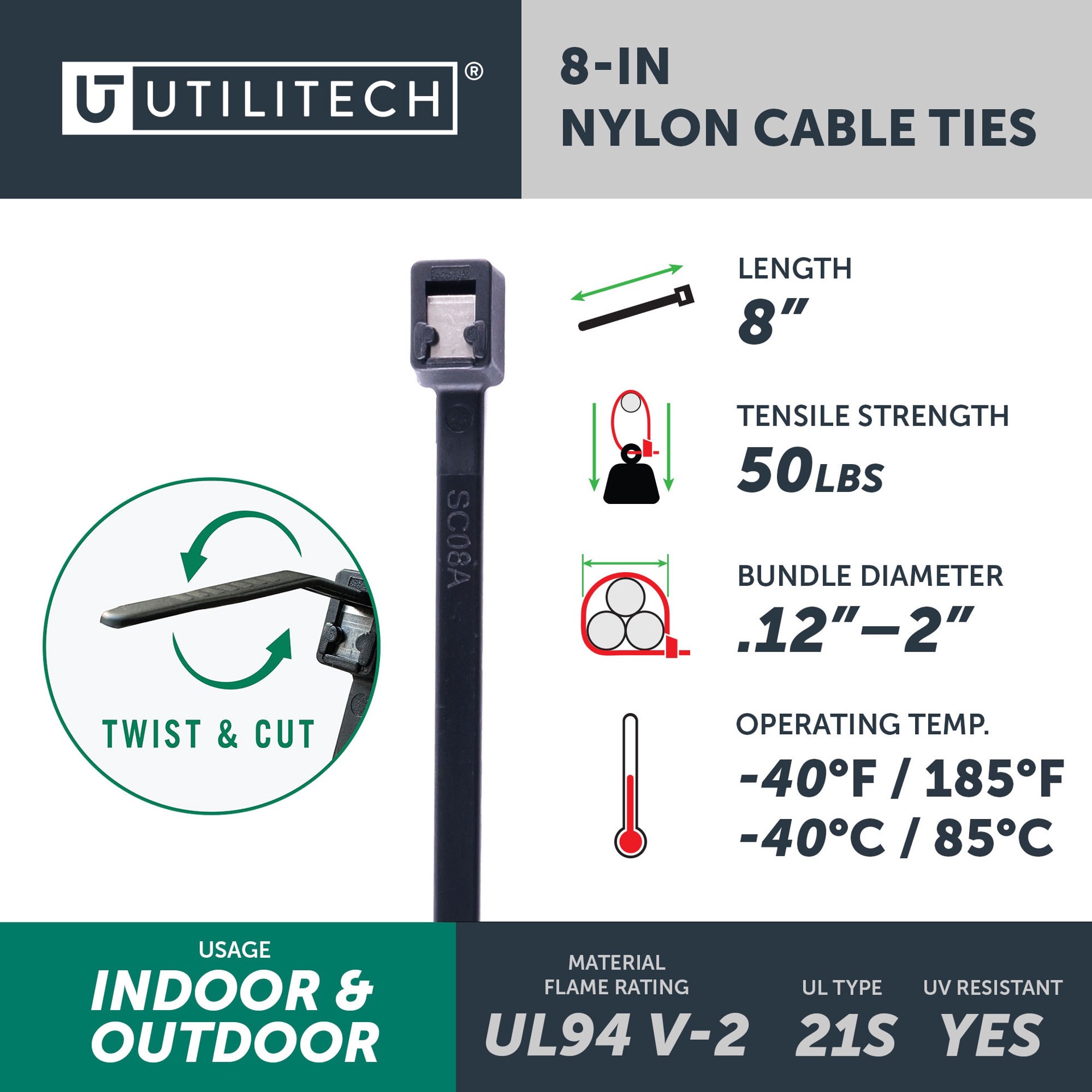 slide 4 of 6, Utilitech 8-in 50.0-lb Tensile Strength Nylon Twist cut cable ties Black with UV Protection 20 -Pack, 1 ct