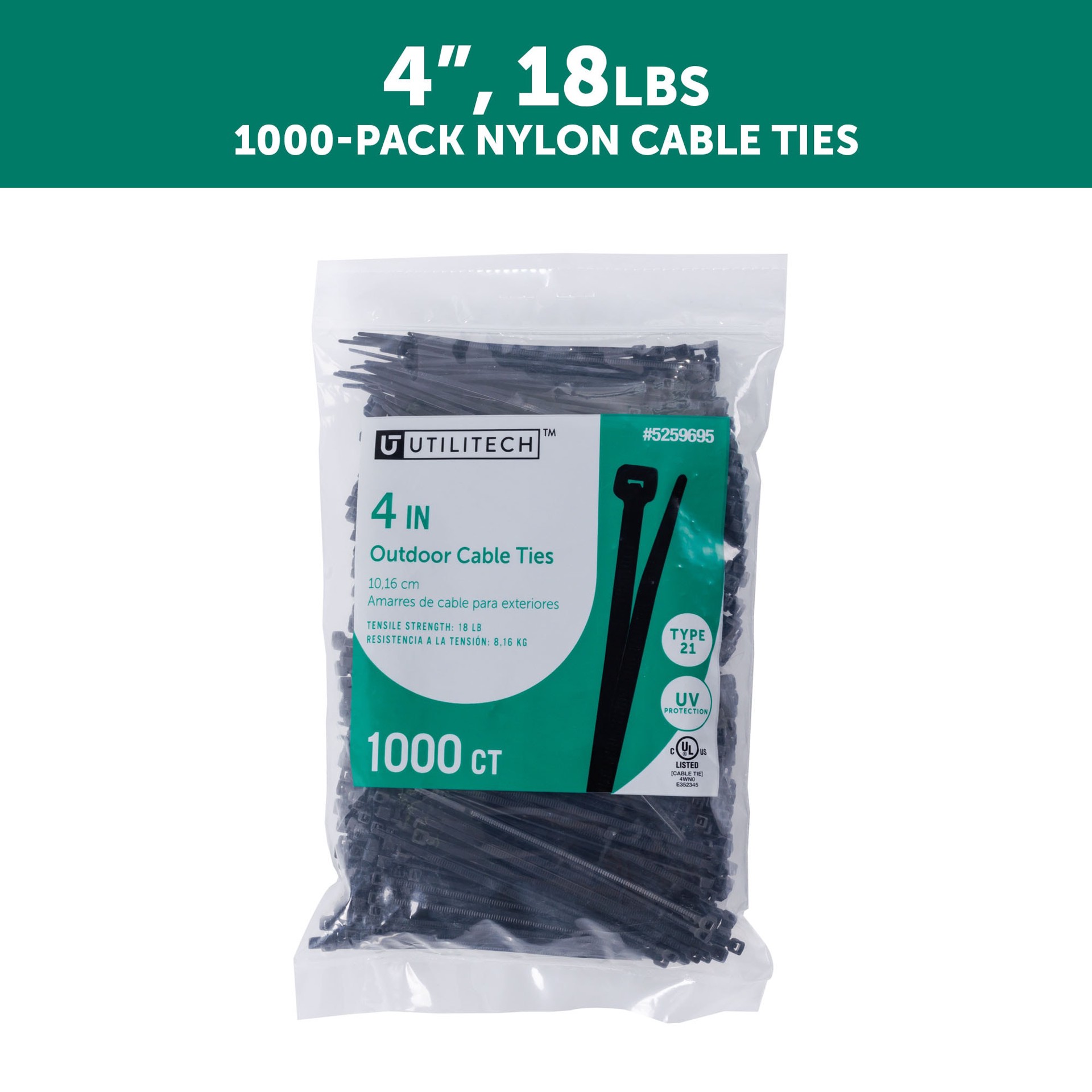 slide 2 of 6, Utilitech 4-in 18.0-lb Tensile Strength Nylon Zip ties Black with UV Protection 1000 -Pack, 1 ct