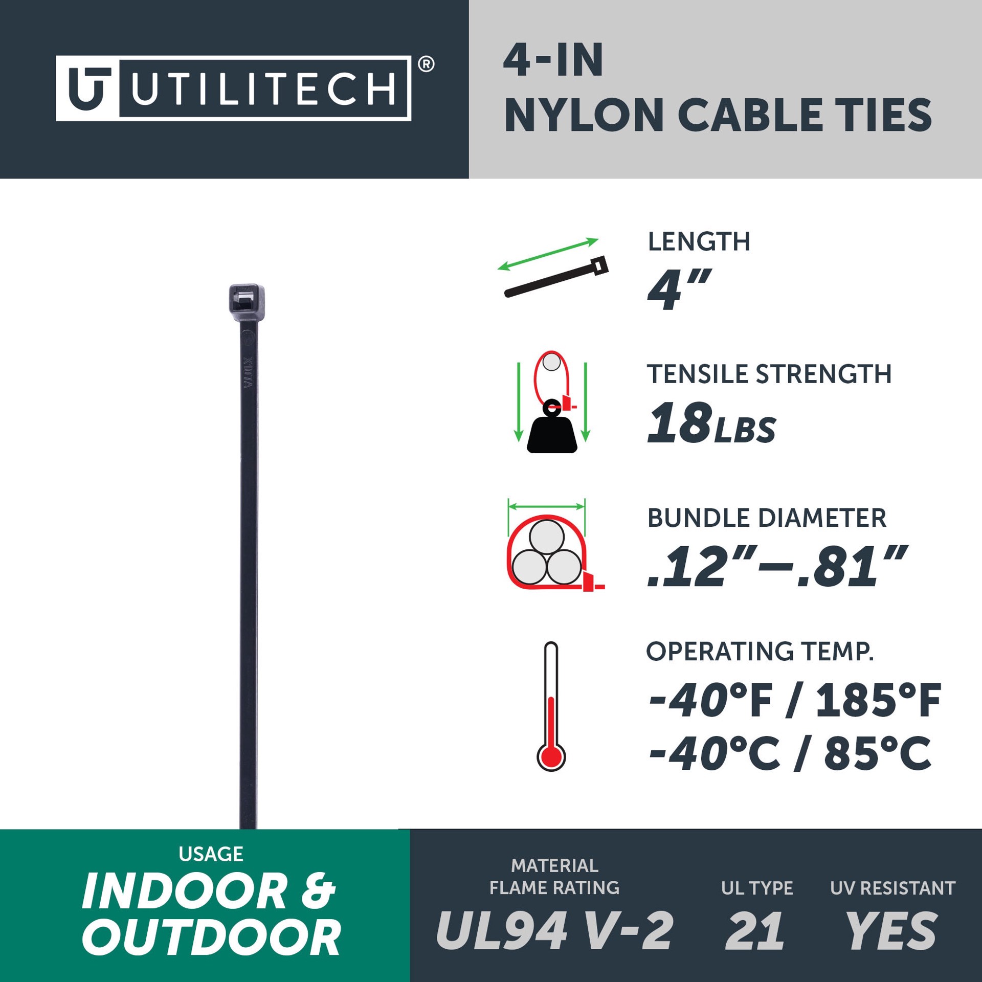 slide 4 of 6, Utilitech 4-in 18.0-lb Tensile Strength Nylon Zip ties Black with UV Protection 1000 -Pack, 1 ct