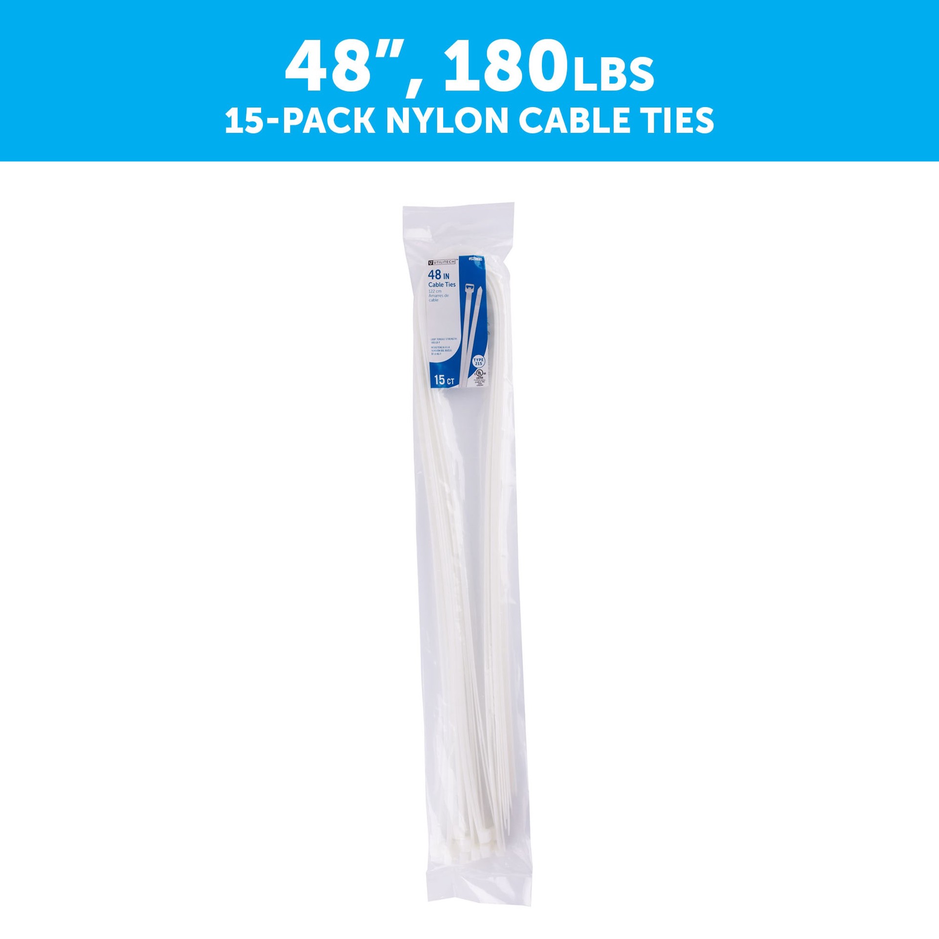 slide 2 of 6, Utilitech 48-in 180.0-lb Tensile Strength Nylon Zip ties Off-white 15 -Pack, 1 ct