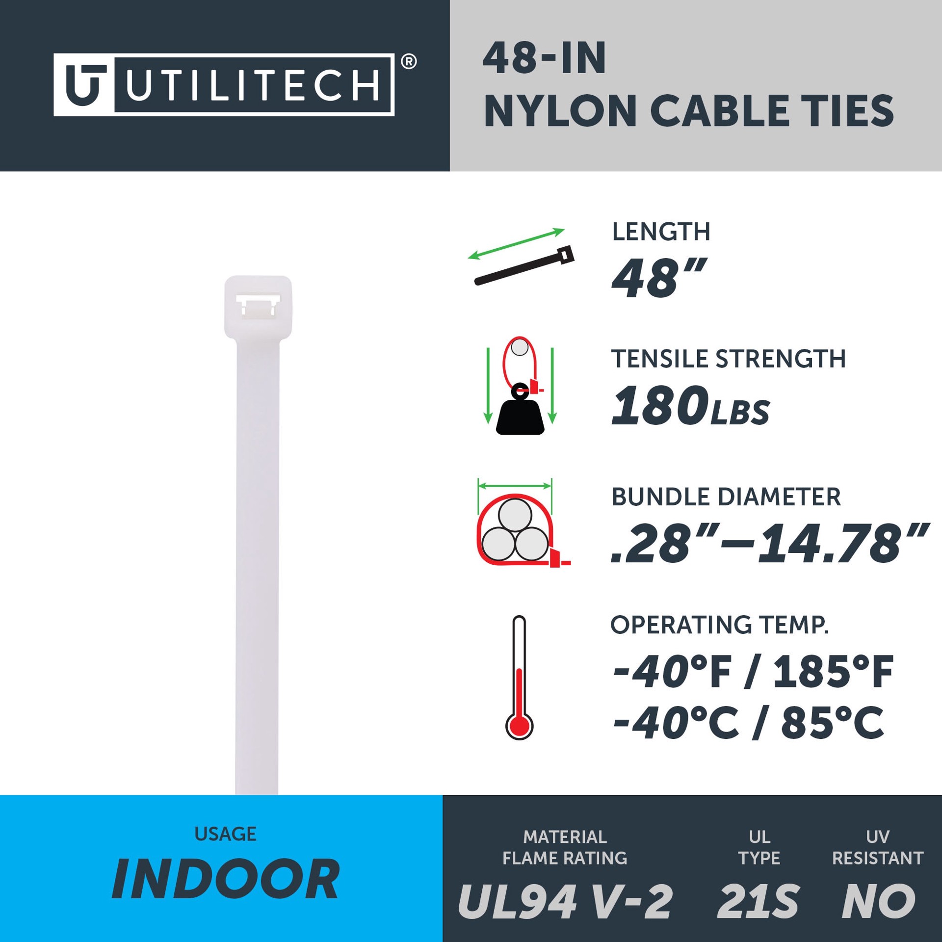 slide 4 of 6, Utilitech 48-in 180.0-lb Tensile Strength Nylon Zip ties Off-white 15 -Pack, 1 ct