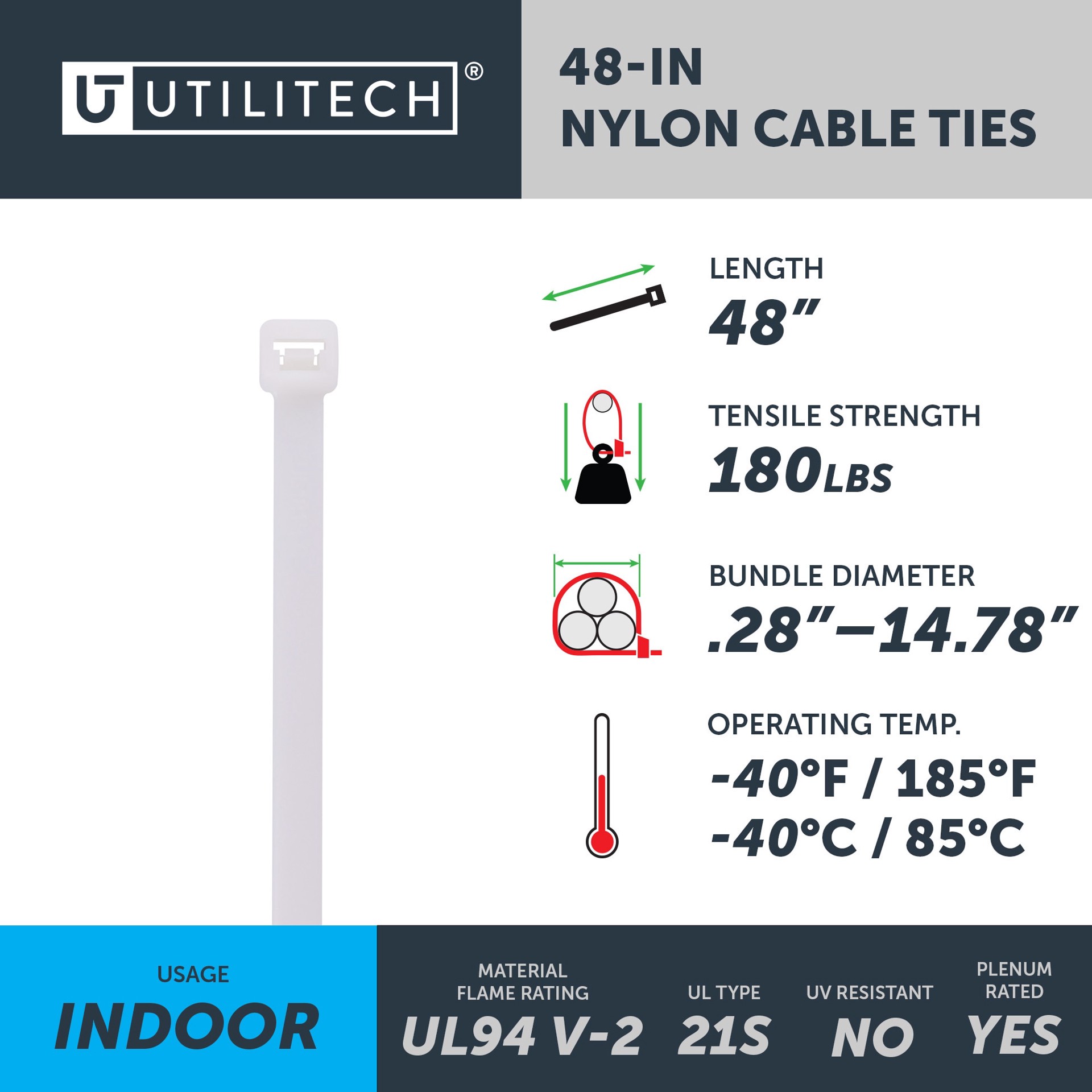 slide 4 of 6, Utilitech 48-in 180-lb Tensile Strength Nylon Standard zip ties Off-white 15 -Pack, 1 ct