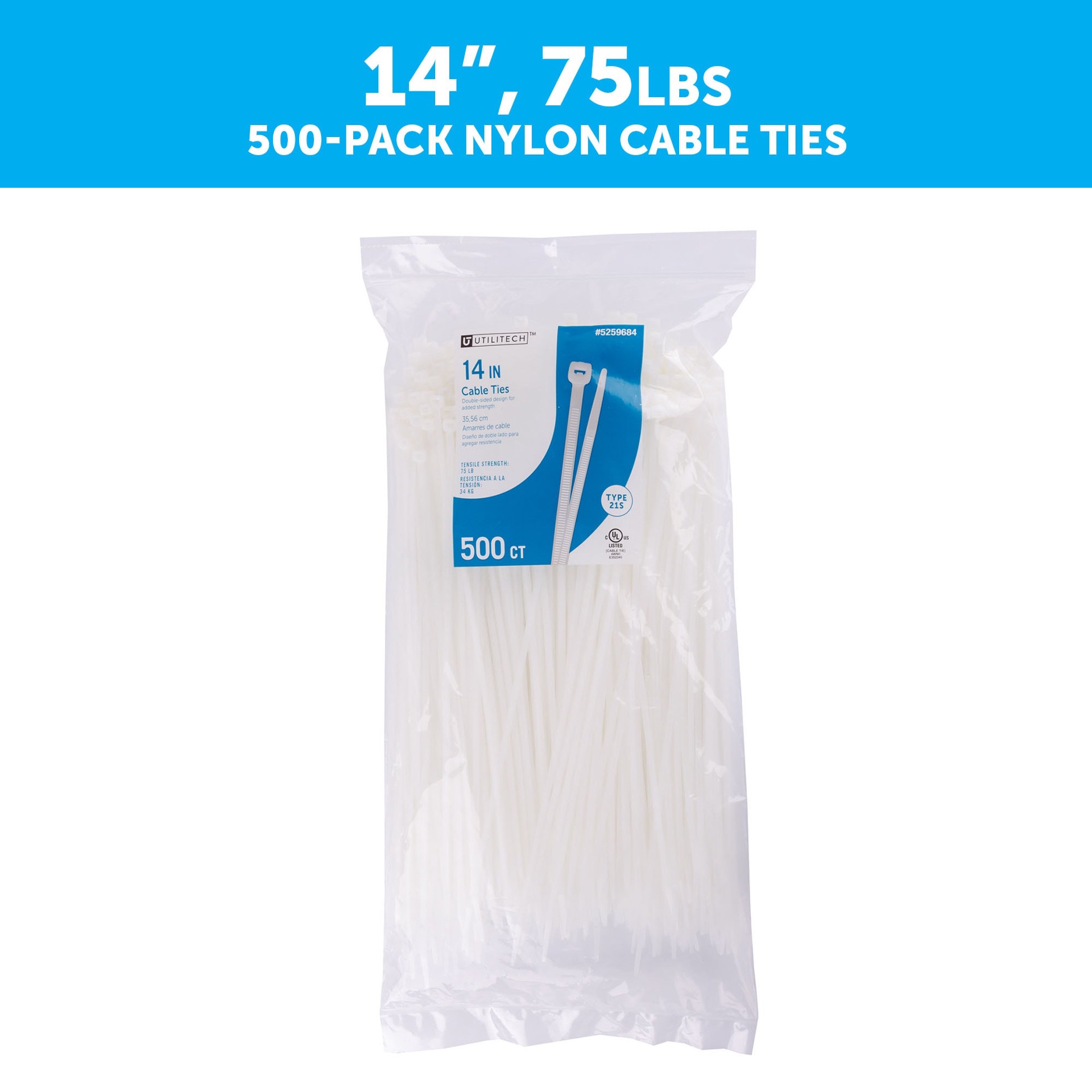 slide 2 of 6, Utilitech 14-in 75.0-lb Tensile Strength Nylon Zip ties Off-white 500 -Pack, 1 ct