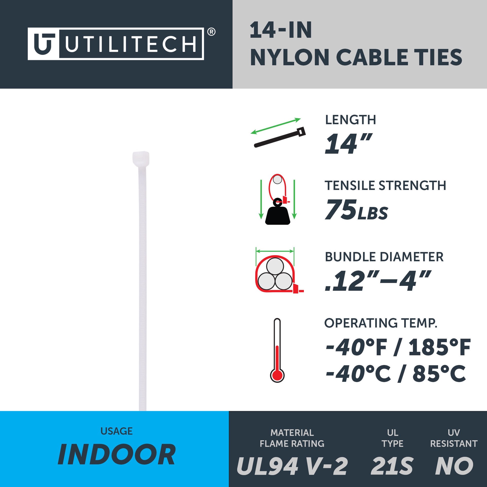 slide 4 of 6, Utilitech 14-in 75.0-lb Tensile Strength Nylon Zip ties Off-white 500 -Pack, 1 ct