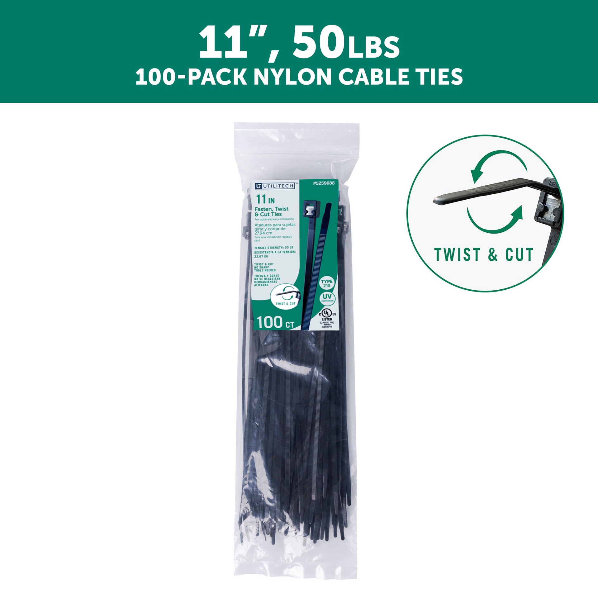 slide 2 of 6, Utilitech 11-in 50.0-lb Tensile Strength Nylon Twist cut cable ties Black with UV Protection 100 -Pack, 1 ct