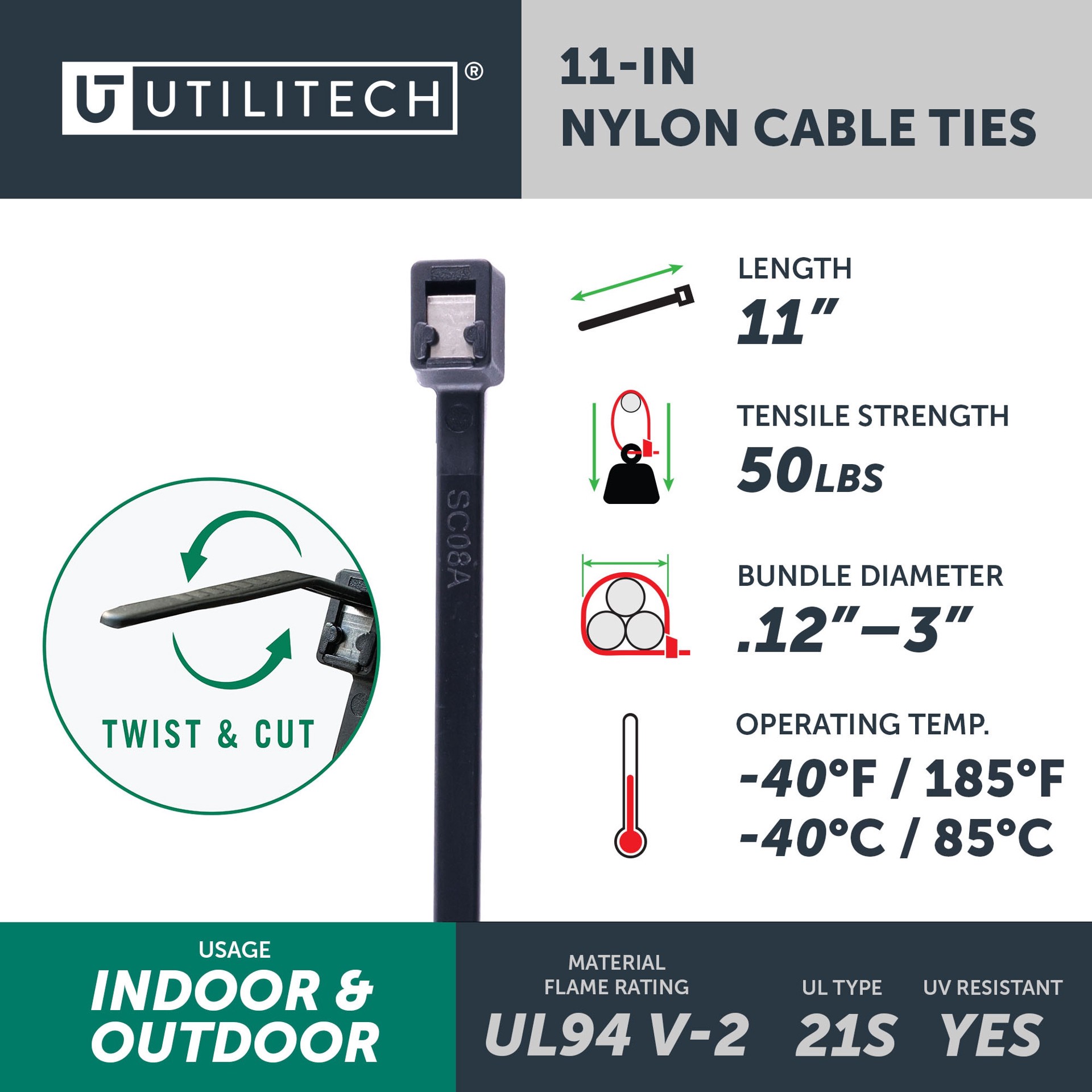 slide 4 of 6, Utilitech 11-in 50.0-lb Tensile Strength Nylon Twist cut cable ties Black with UV Protection 100 -Pack, 1 ct