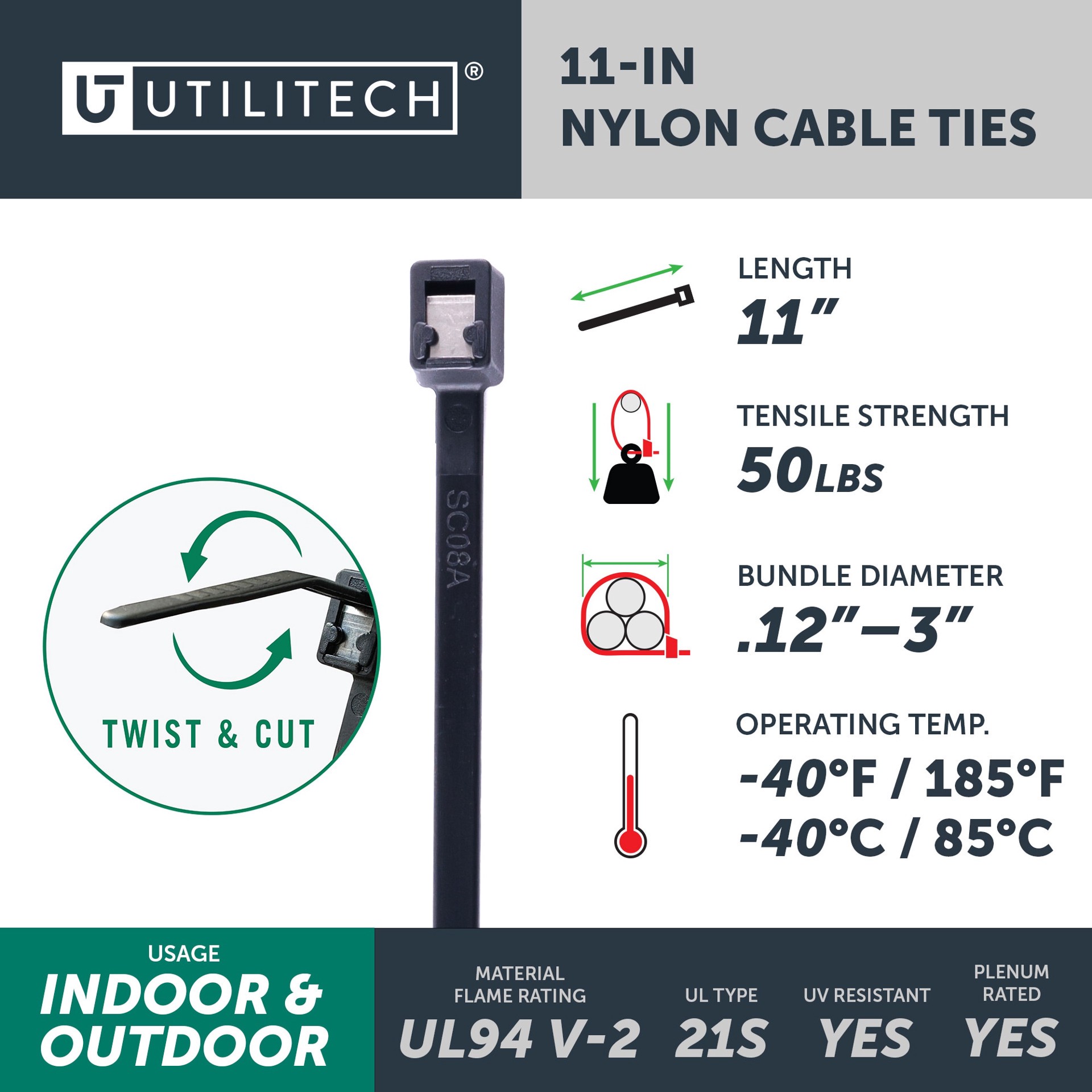 slide 4 of 6, Utilitech 11-in 50-lb Tensile Strength Nylon Twist cut cable ties Black with UV Protection 100 -Pack, 1 ct