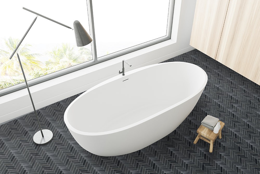 slide 4 of 6, GBI Tile & Stone Inc. Basalt Charcoal 12-in x 12-in Honed Natural Basalt Herringbone Mosaic Floor and Wall Tile ( 0.8-sq ft Piece ), 1 ct