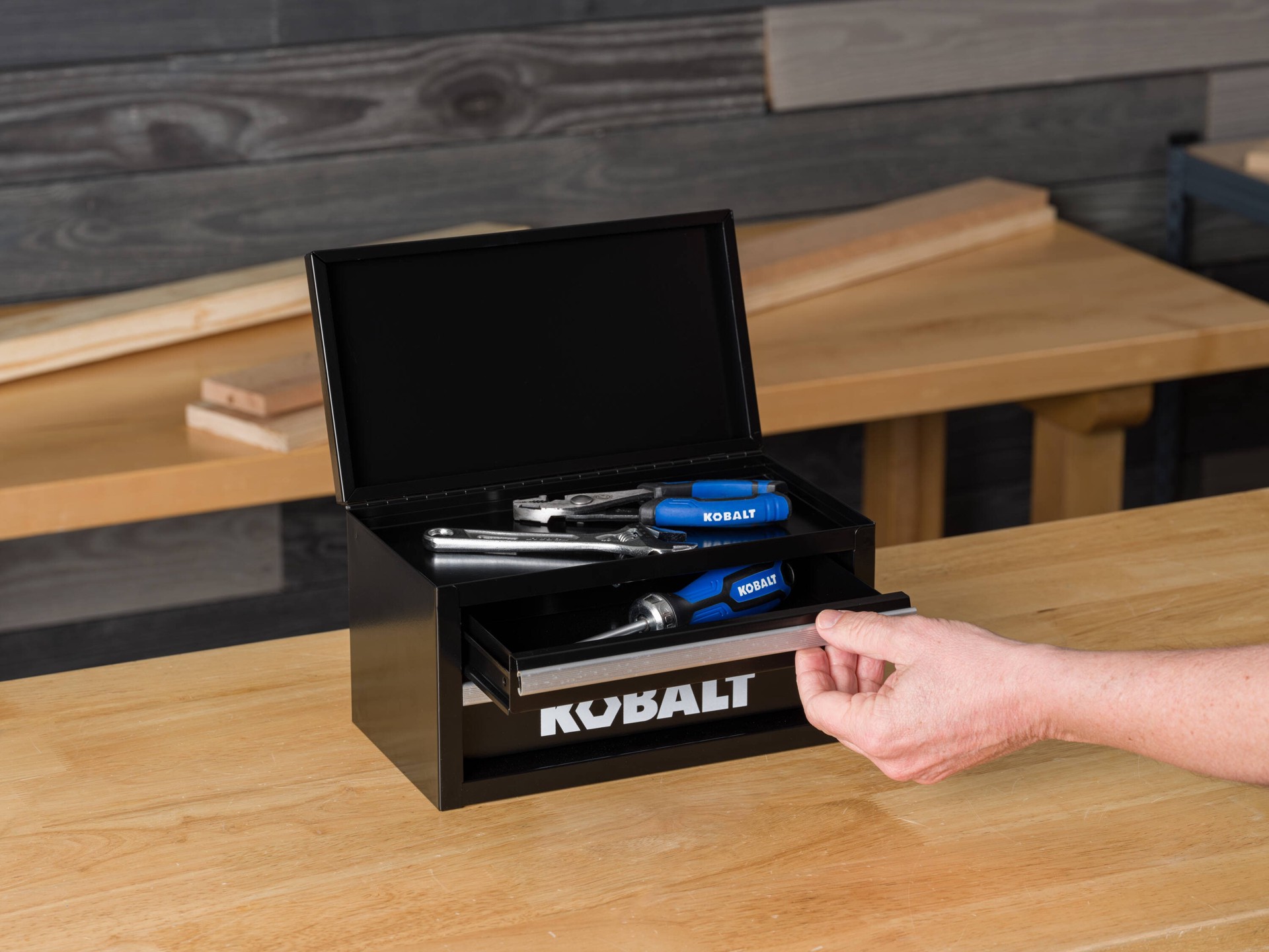 slide 5 of 6, Kobalt Portable Mini Toolbox 10.83-in W x 5.91-in H x 5.91-in D 2 -Drawer Black Steel Tool Box, 1 ct