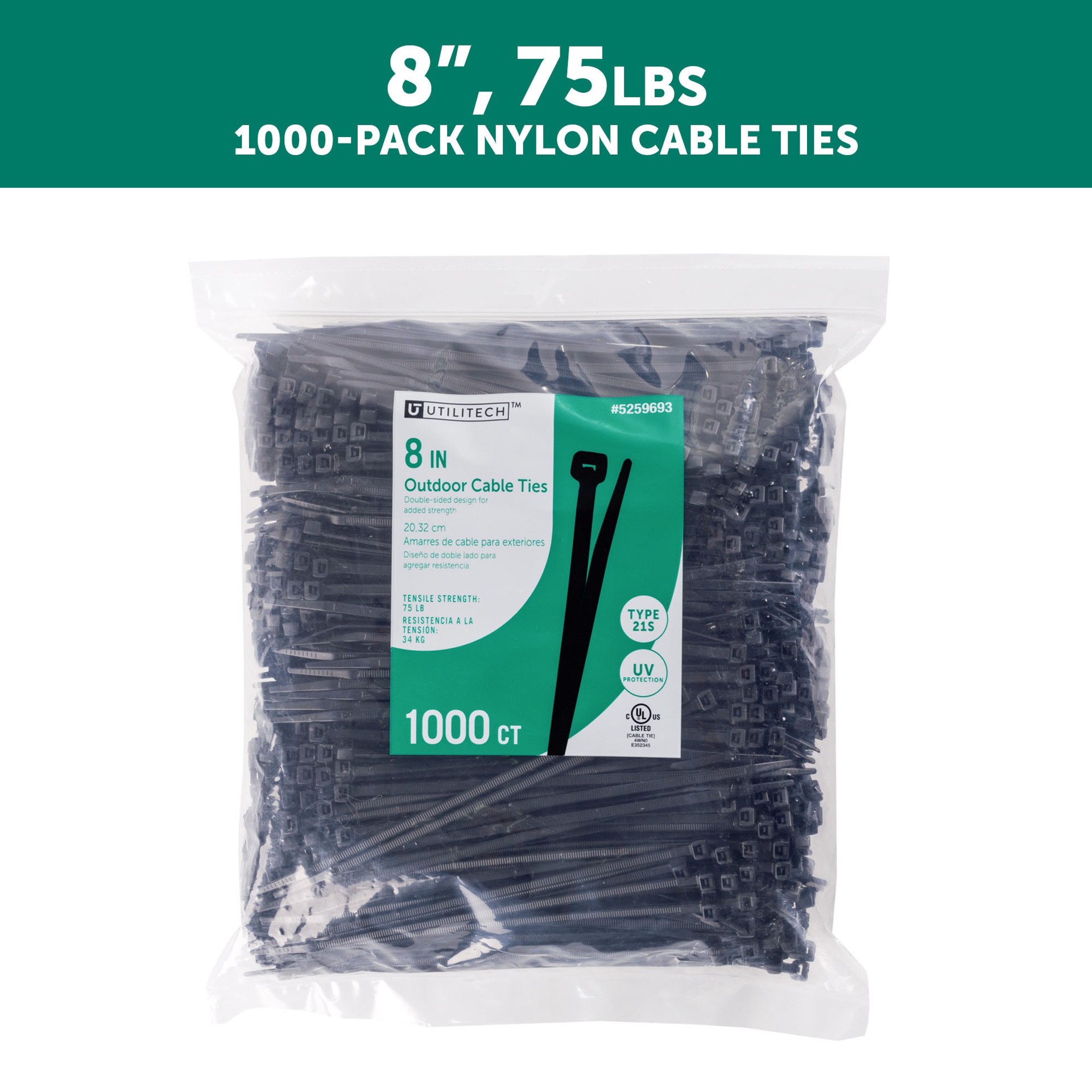 slide 2 of 6, Utilitech 8-in 75.0-lb Tensile Strength Nylon Zip ties Black with UV Protection 1000 -Pack, 1 ct