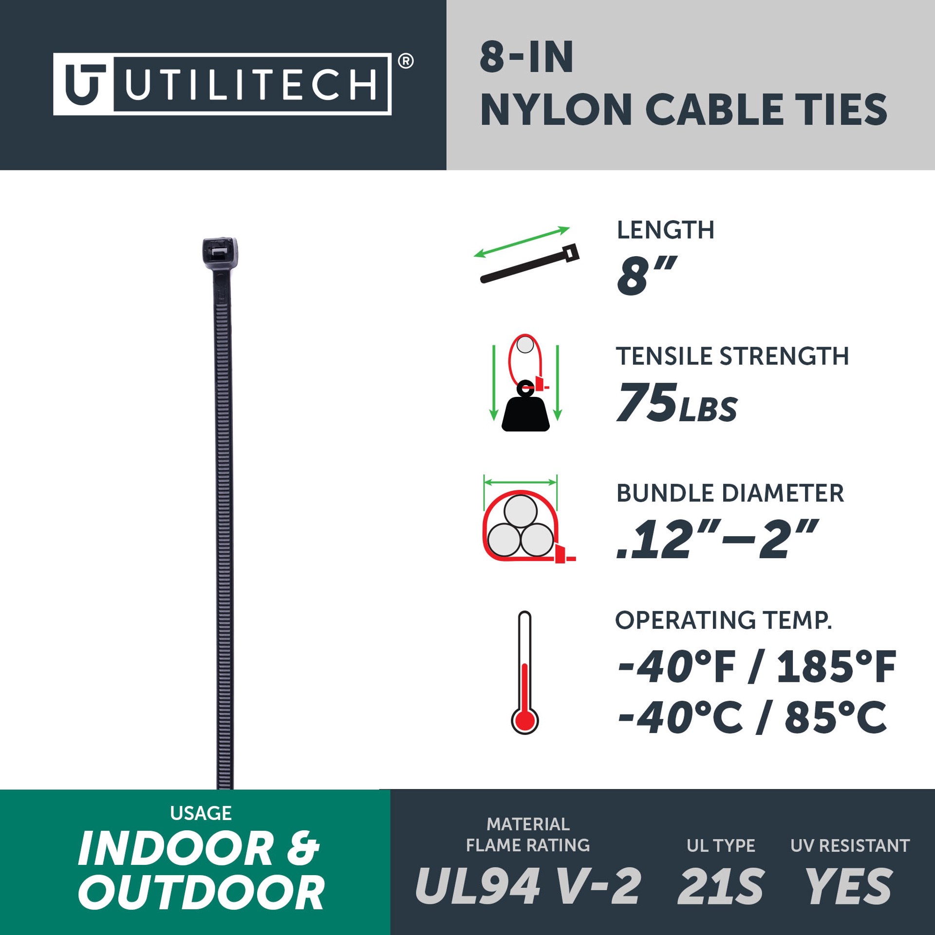 slide 4 of 6, Utilitech 8-in 75.0-lb Tensile Strength Nylon Zip ties Black with UV Protection 1000 -Pack, 1 ct
