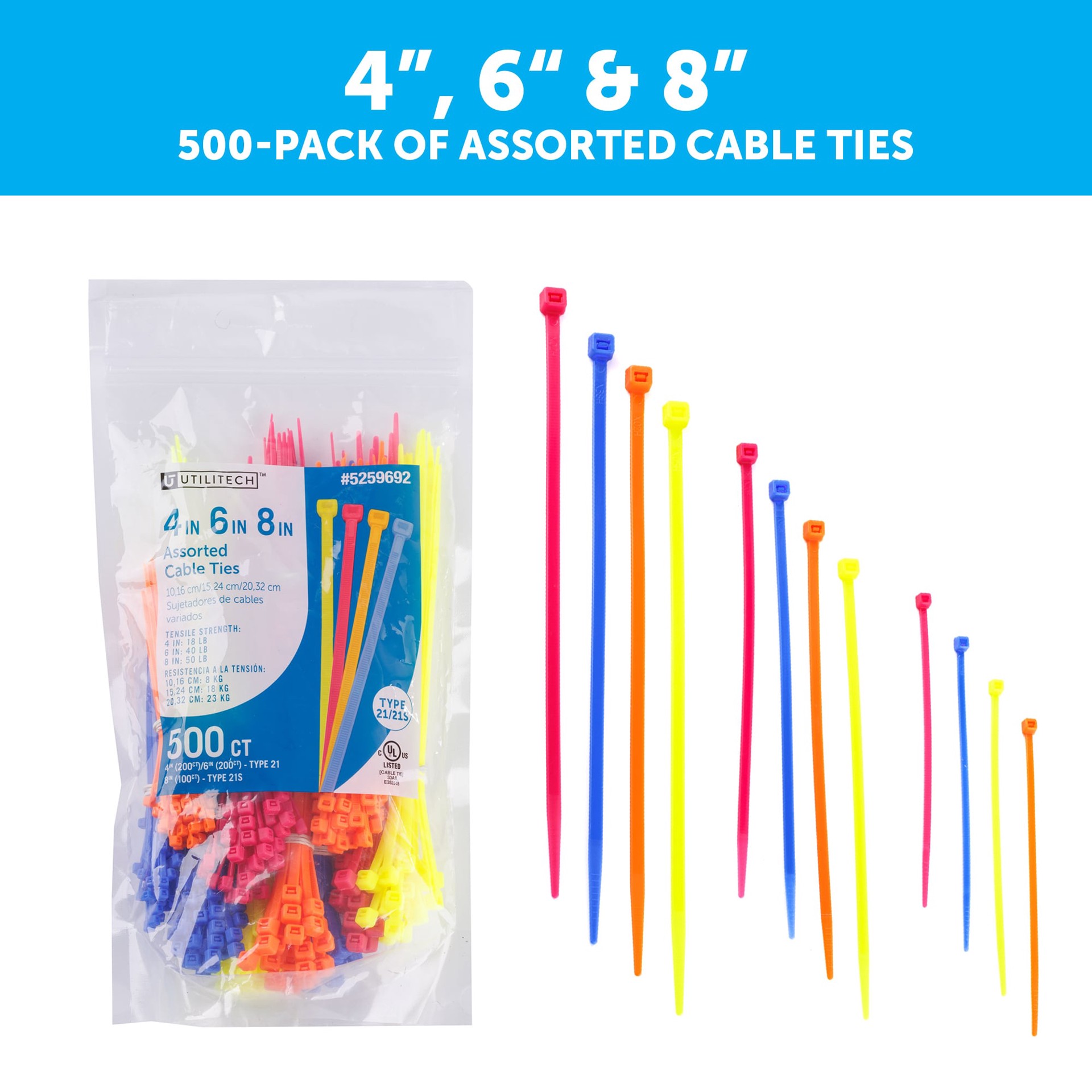 slide 2 of 6, Utilitech 50.0-lb Tensile Strength Multiple Sizes Nylon Zip ties Multiple colors/finishes 500 -Pack, 1 ct