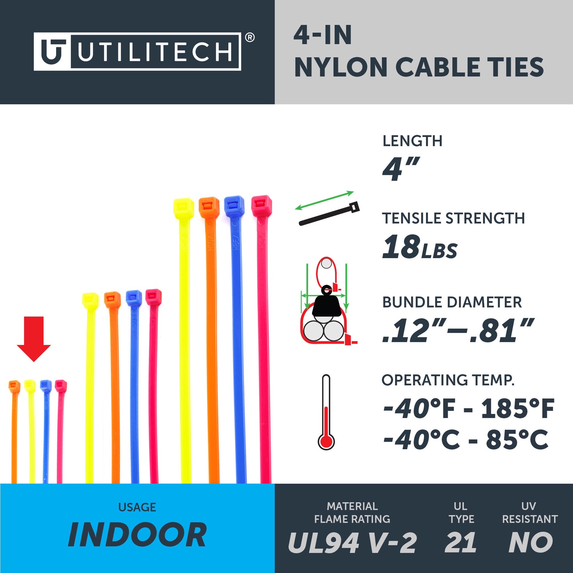 slide 4 of 6, Utilitech 50.0-lb Tensile Strength Multiple Sizes Nylon Zip ties Multiple colors/finishes 500 -Pack, 1 ct