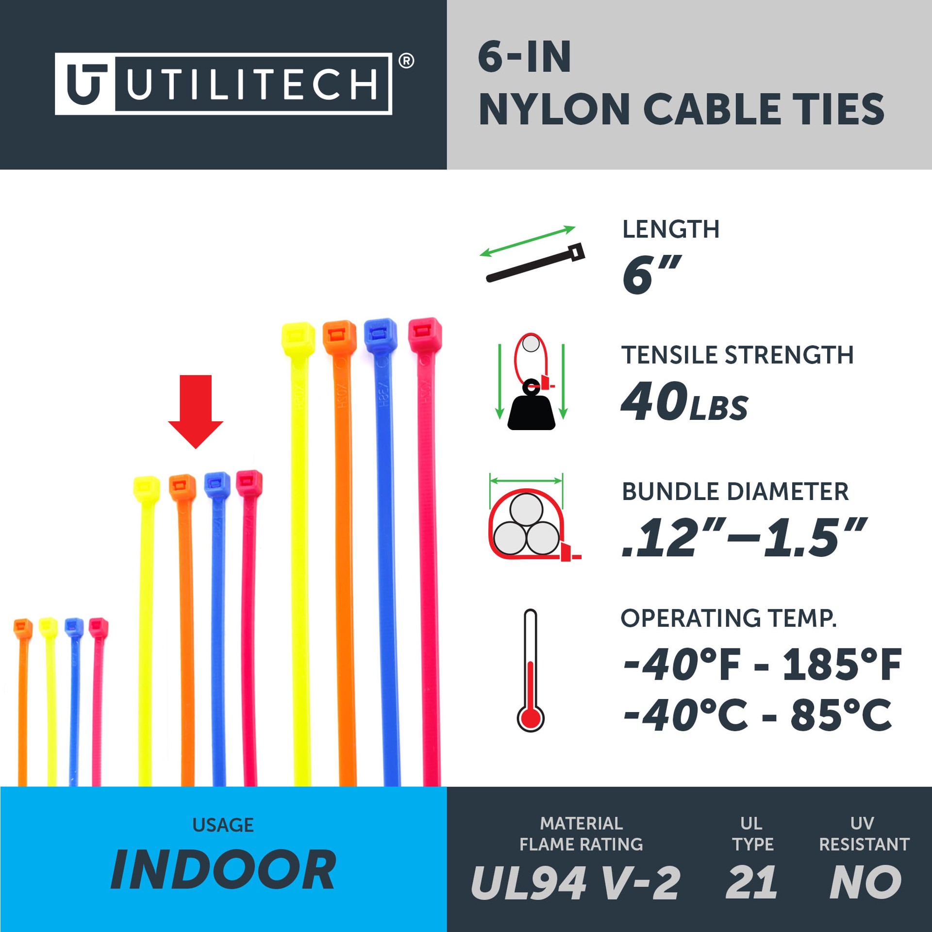 slide 5 of 6, Utilitech 50.0-lb Tensile Strength Multiple Sizes Nylon Zip ties Multiple colors/finishes 500 -Pack, 1 ct