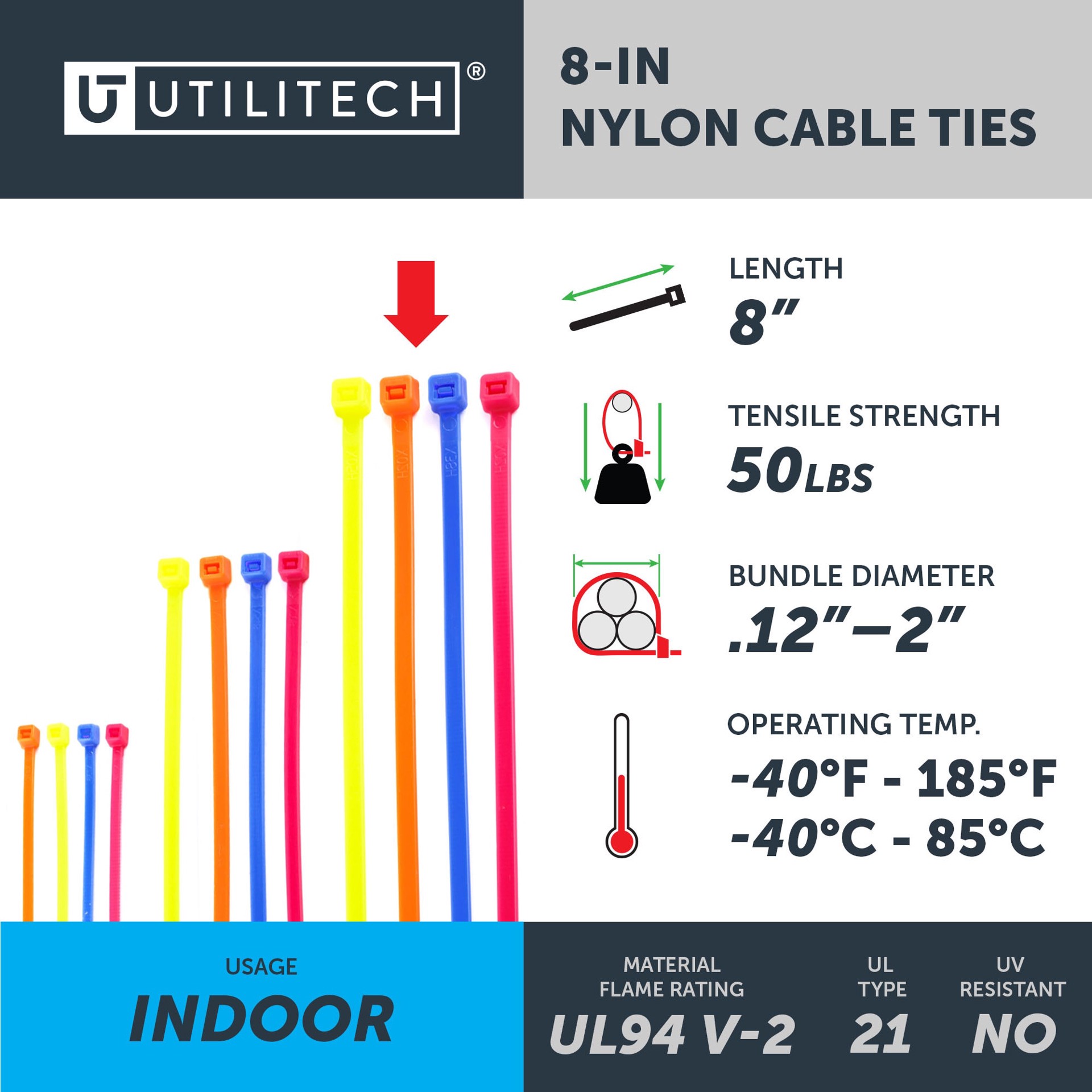 slide 6 of 6, Utilitech 50.0-lb Tensile Strength Multiple Sizes Nylon Zip ties Multiple colors/finishes 500 -Pack, 1 ct