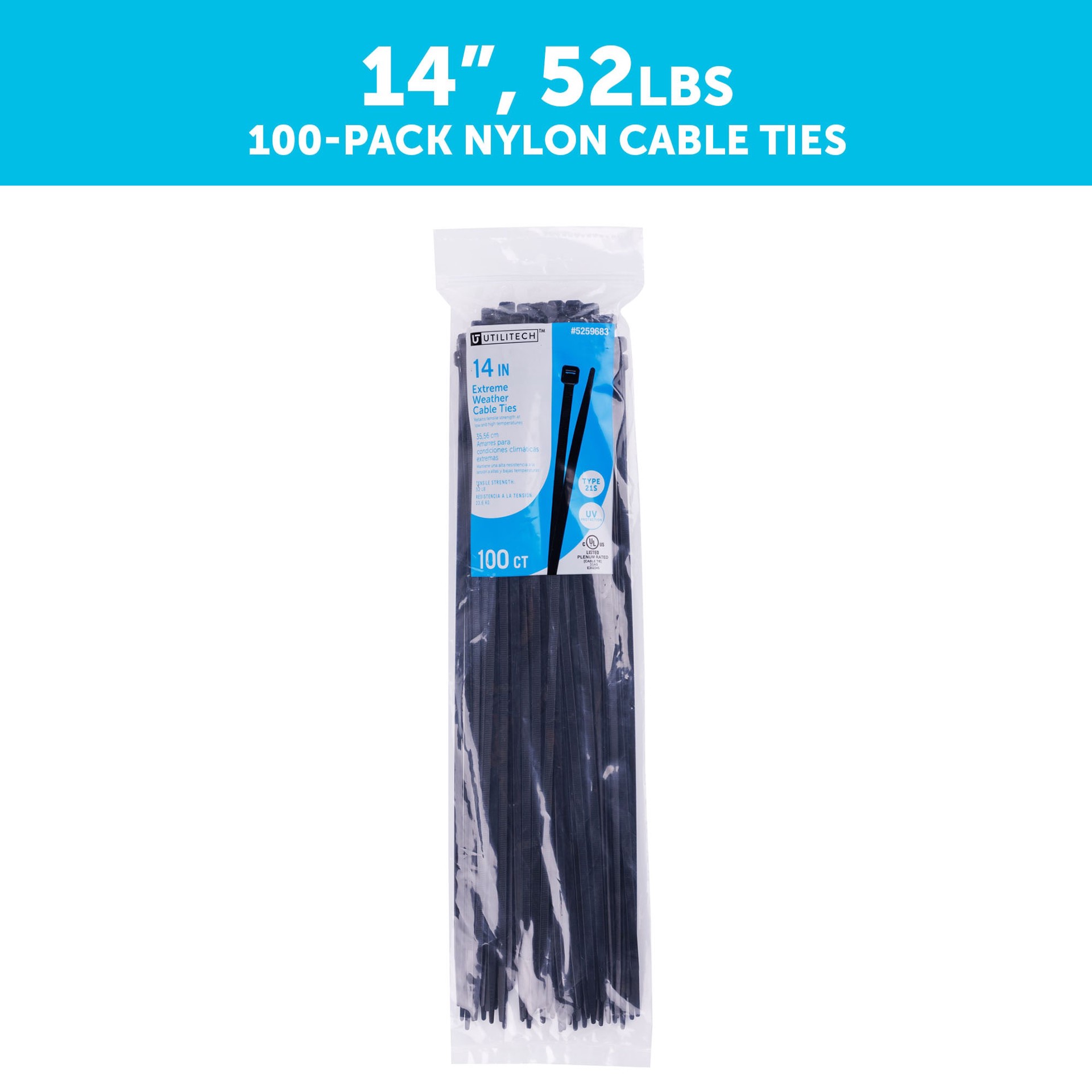 slide 2 of 6, Utilitech 14-in 52.0-lb Tensile Strength Nylon Zip ties Black with UV Protection 100 -Pack, 1 ct