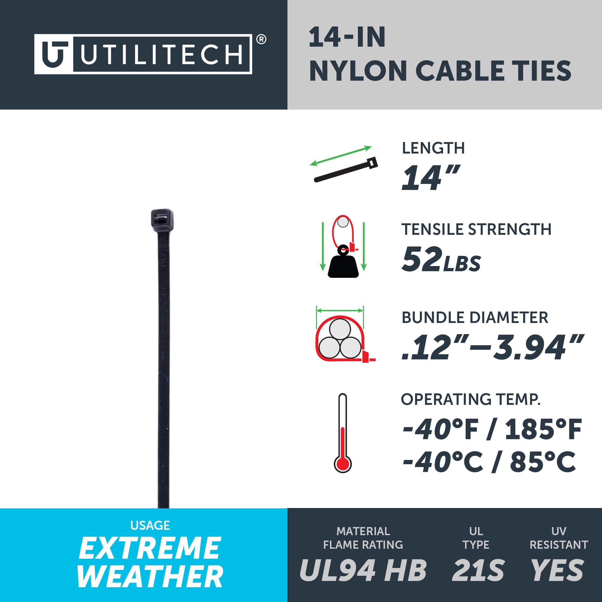 slide 4 of 6, Utilitech 14-in 52.0-lb Tensile Strength Nylon Zip ties Black with UV Protection 100 -Pack, 1 ct