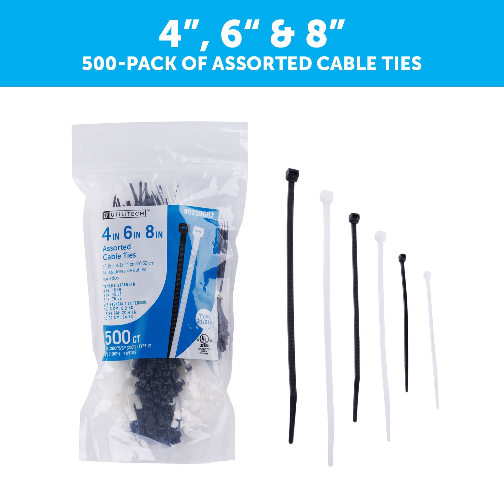 slide 2 of 6, Utilitech 75.0-lb Tensile Strength Multiple Sizes Nylon Zip ties Multiple colors/finishes with UV Protection 500 -Pack, 1 ct