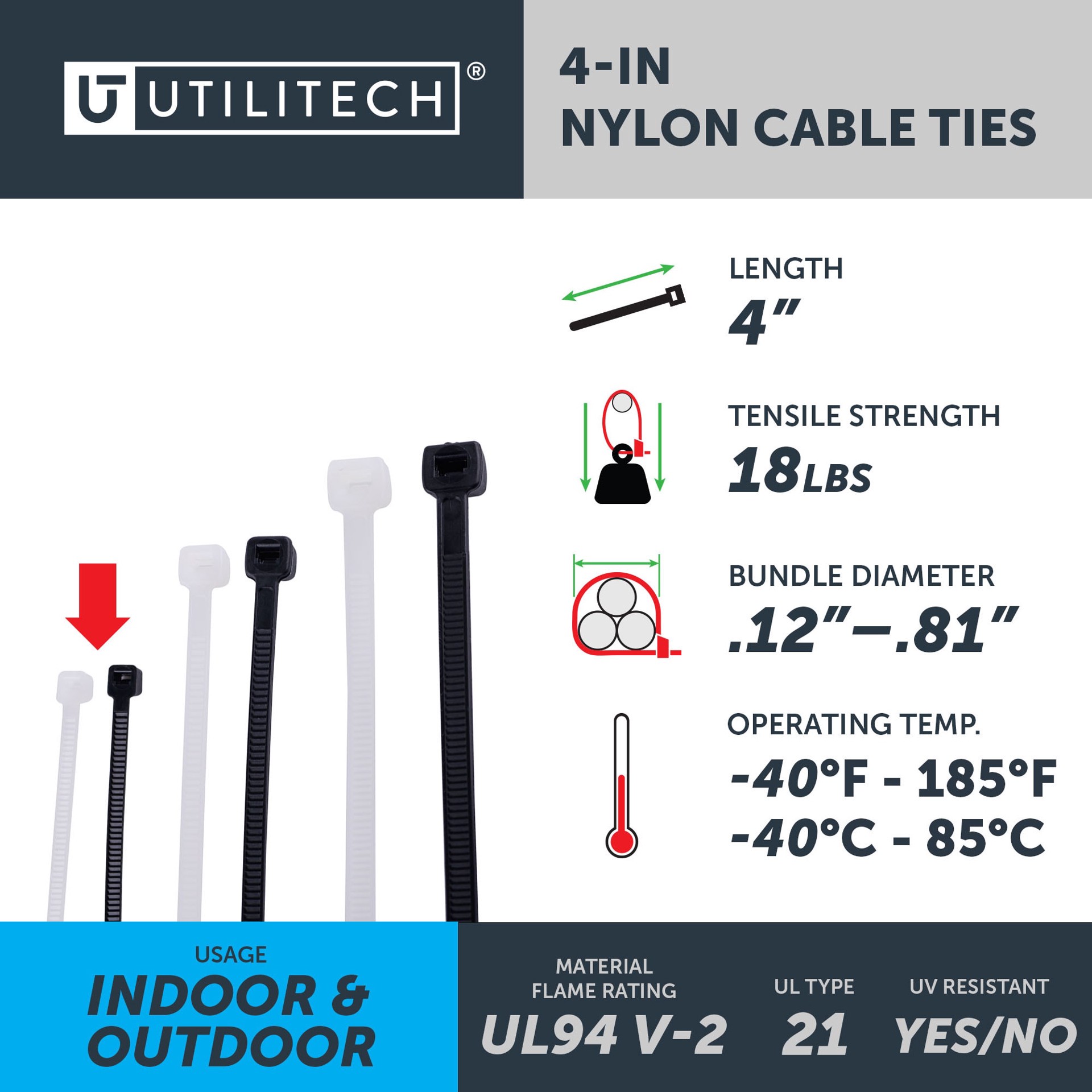 slide 4 of 6, Utilitech 75.0-lb Tensile Strength Multiple Sizes Nylon Zip ties Multiple colors/finishes with UV Protection 500 -Pack, 1 ct