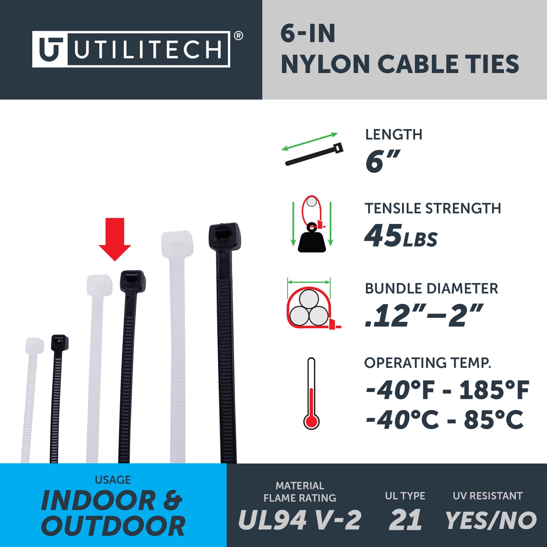 slide 5 of 6, Utilitech 75.0-lb Tensile Strength Multiple Sizes Nylon Zip ties Multiple colors/finishes with UV Protection 500 -Pack, 1 ct