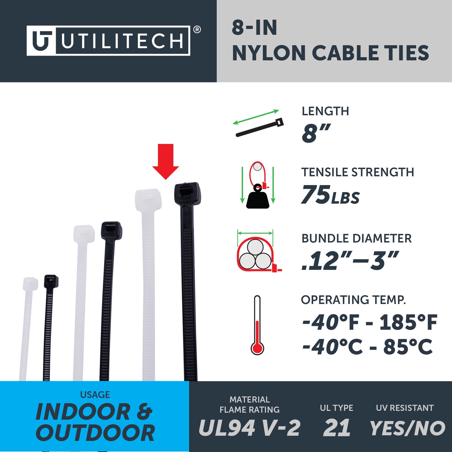 slide 6 of 6, Utilitech 75.0-lb Tensile Strength Multiple Sizes Nylon Zip ties Multiple colors/finishes with UV Protection 500 -Pack, 1 ct
