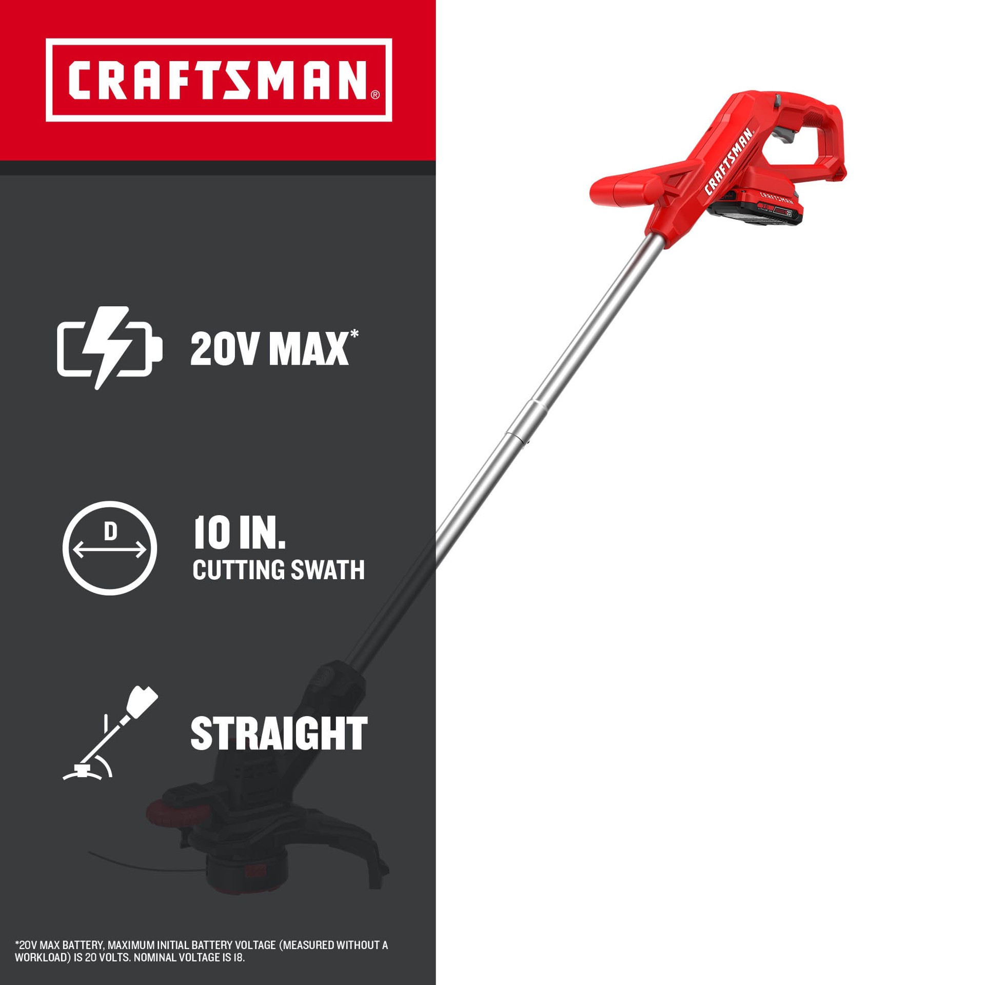 slide 2 of 6, CRAFTSMAN V20 20-volt max 10-in Straight Shaft Battery String Trimmer 2 Ah (Battery Included) (Charger Included), 1 ct