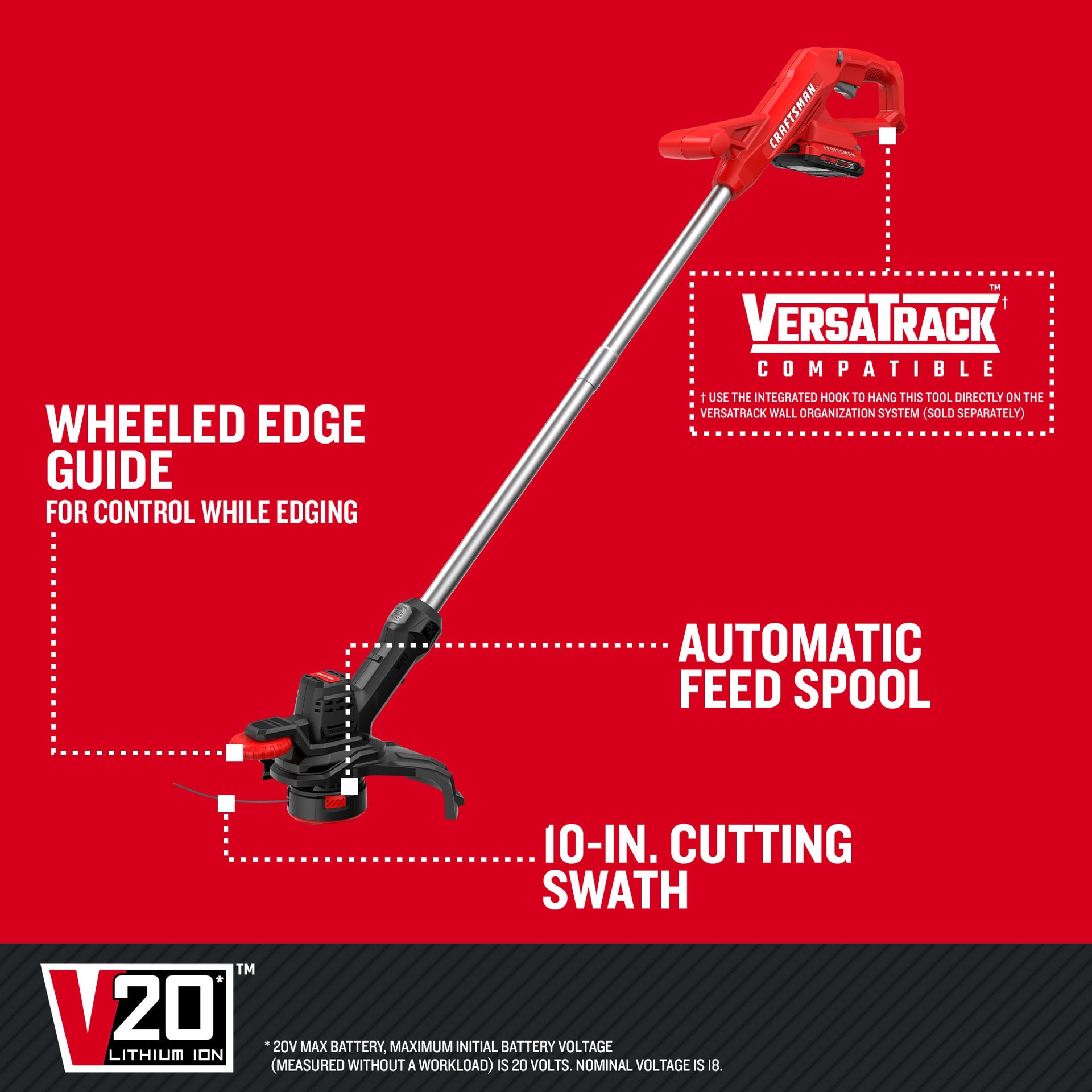 slide 5 of 6, CRAFTSMAN V20 20-volt max 10-in Straight Shaft Battery String Trimmer 2 Ah (Battery Included) (Charger Included), 1 ct