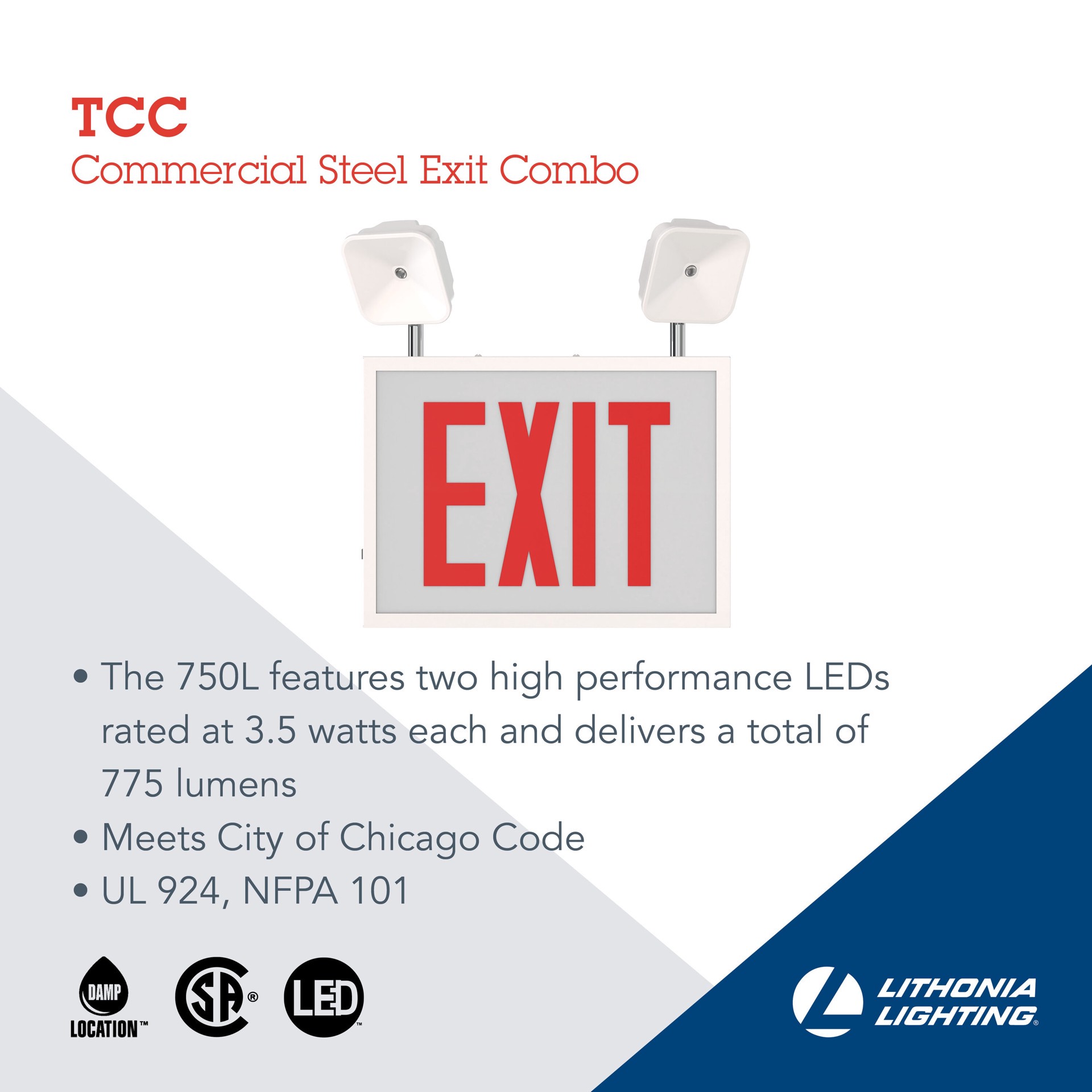 slide 3 of 6, Lithonia Lighting 3.5 -Watt 120-347 -Volt LED White Hardwired Exit Light with Red Lights, 1 ct