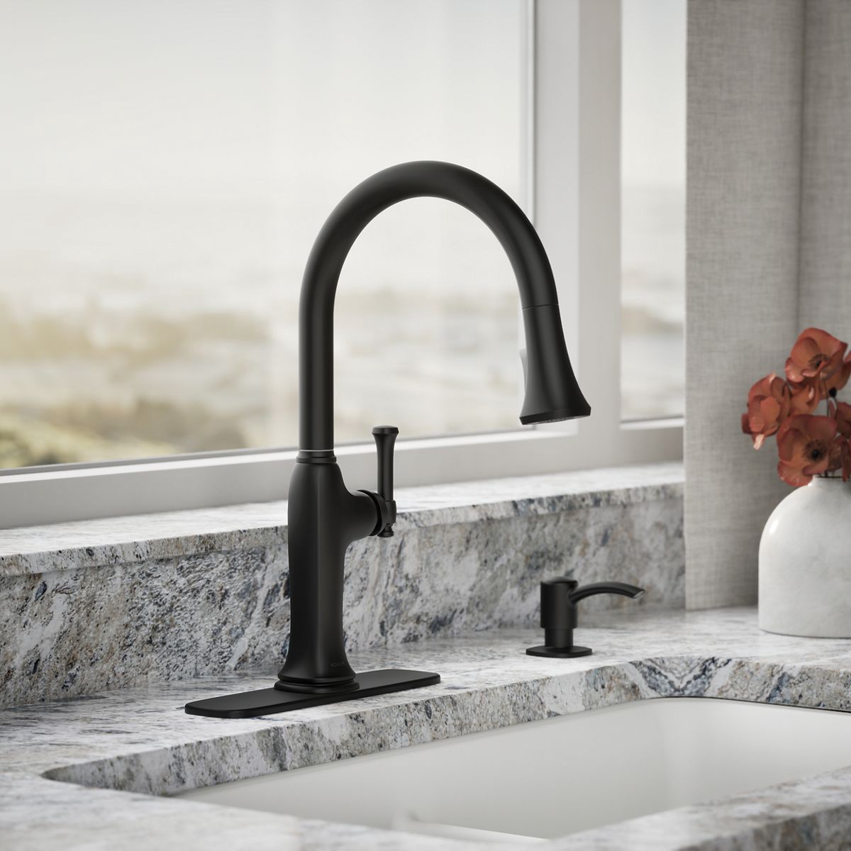 slide 2 of 6, KOHLER Kanan Matte Black Single Handle Deck-mount Pull-down Kitchen Faucet with Sprayer (Includes Deck Plate) (Includes Soap Dispenser), 1 ct