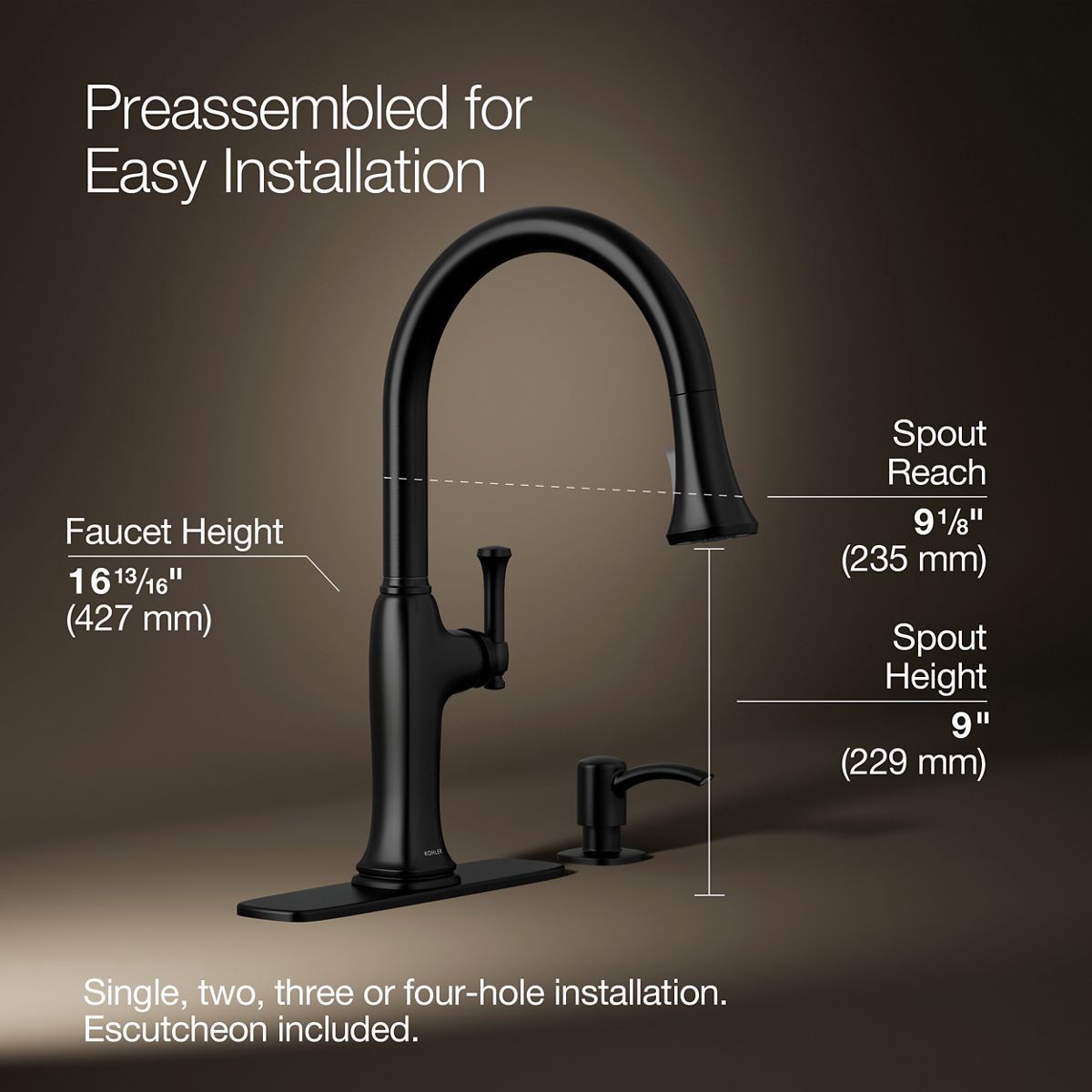 slide 3 of 6, KOHLER Kanan Matte Black Single Handle Deck-mount Pull-down Kitchen Faucet with Sprayer (Includes Deck Plate) (Includes Soap Dispenser), 1 ct