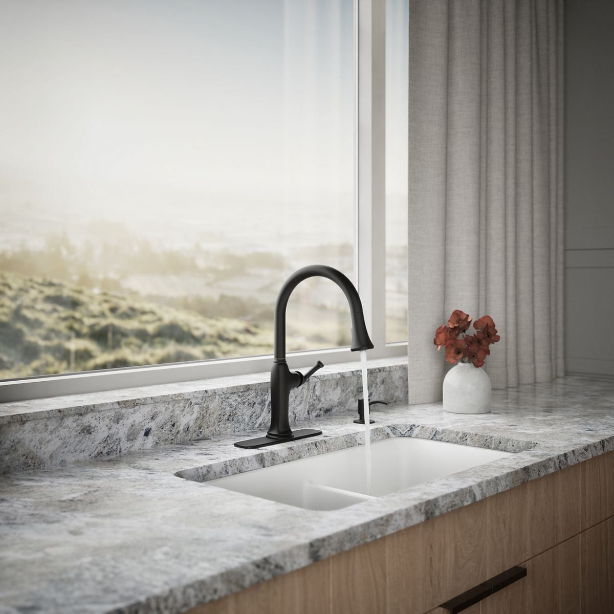 slide 4 of 6, KOHLER Kanan Matte Black Single Handle Deck-mount Pull-down Kitchen Faucet with Sprayer (Includes Deck Plate) (Includes Soap Dispenser), 1 ct