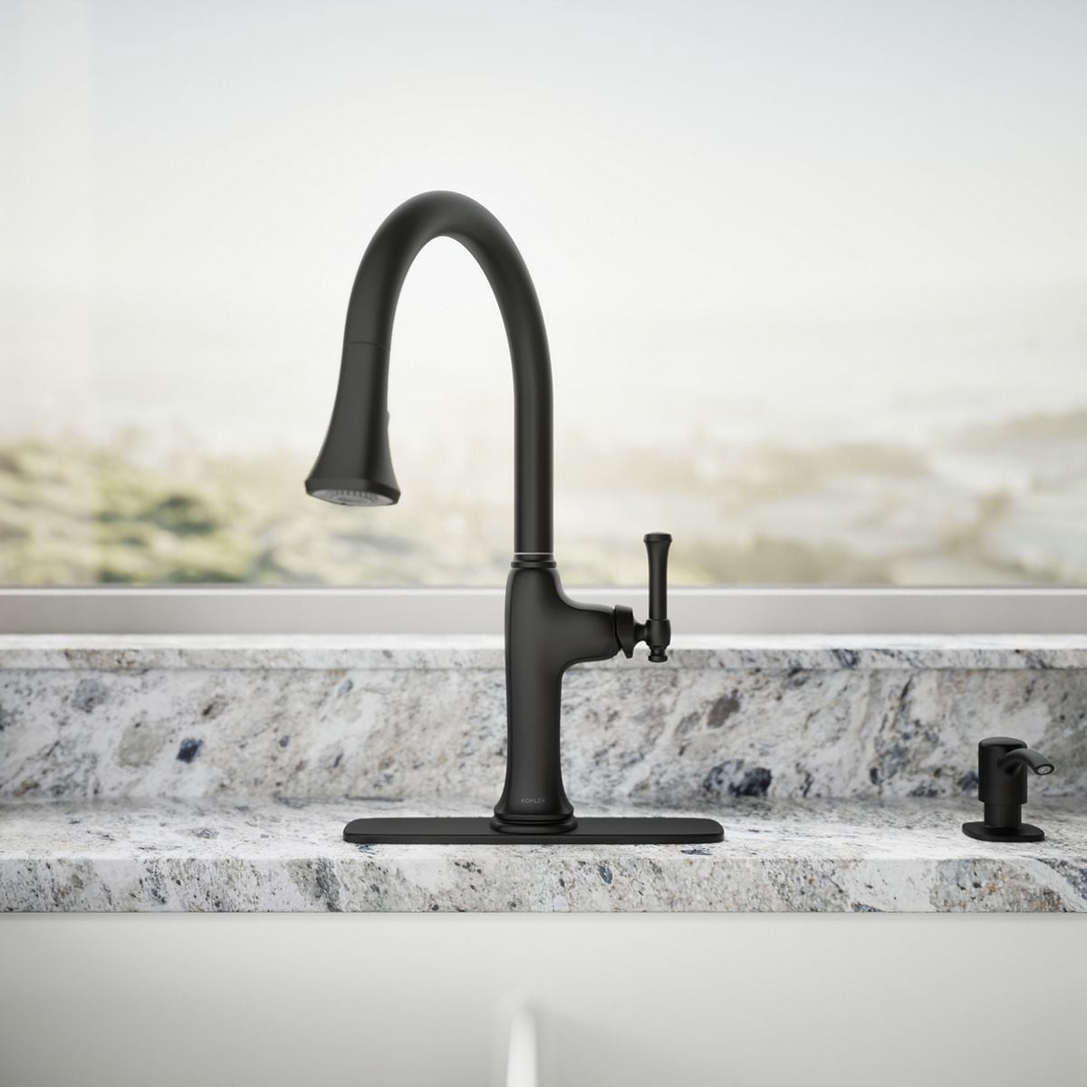 slide 5 of 6, KOHLER Kanan Matte Black Single Handle Deck-mount Pull-down Kitchen Faucet with Sprayer (Includes Deck Plate) (Includes Soap Dispenser), 1 ct