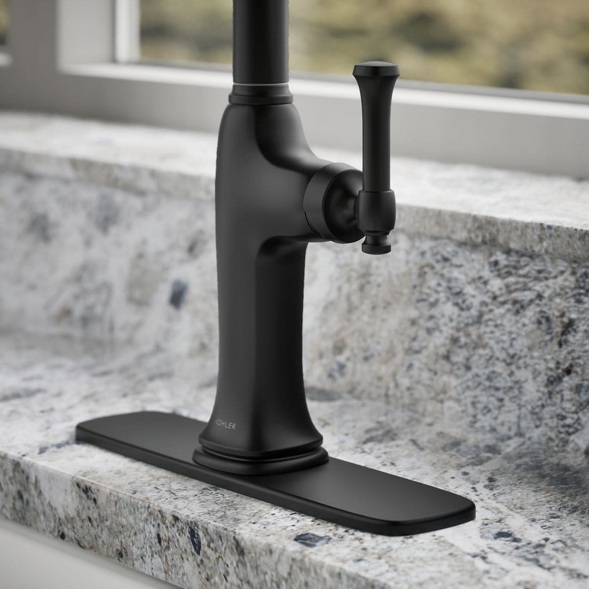 slide 6 of 6, KOHLER Kanan Matte Black Single Handle Deck-mount Pull-down Kitchen Faucet with Sprayer (Includes Deck Plate) (Includes Soap Dispenser), 1 ct