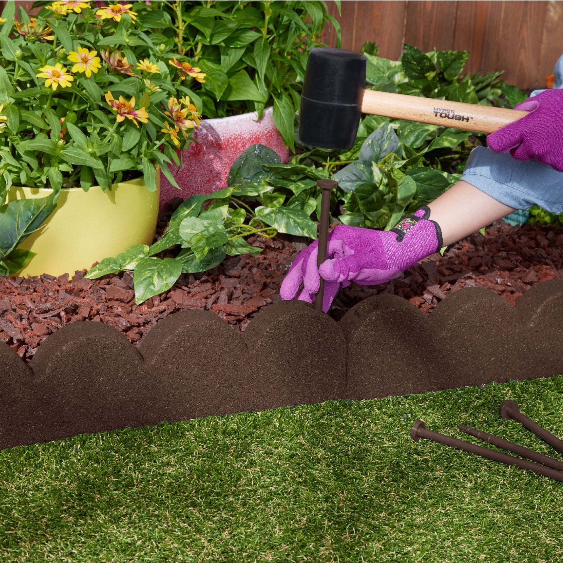 slide 4 of 6, Rubberific 4-ft x 4-in SmartLoc Scallop Brown Rubber Landscape edging section with stakes, 1 ct