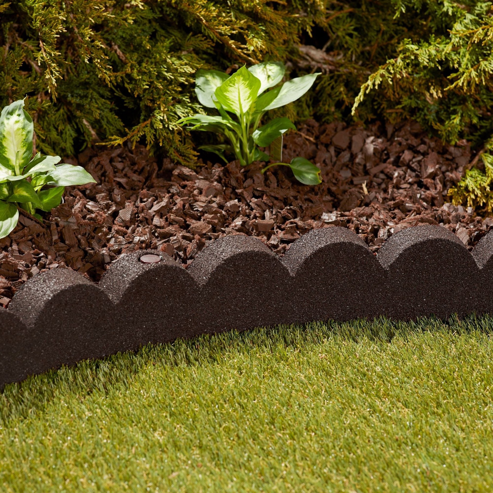 slide 6 of 6, Rubberific 4-ft x 4-in SmartLoc Scallop Brown Rubber Landscape edging section with stakes, 1 ct