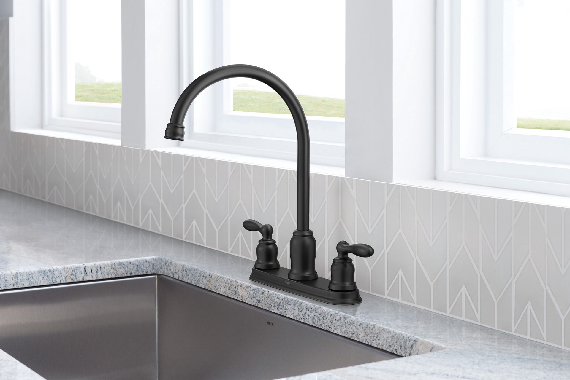 slide 2 of 6, Moen Caldwell Matte Black Double Handle Deck-mount Kitchen Faucet (Includes Deck Plate), 1 ct