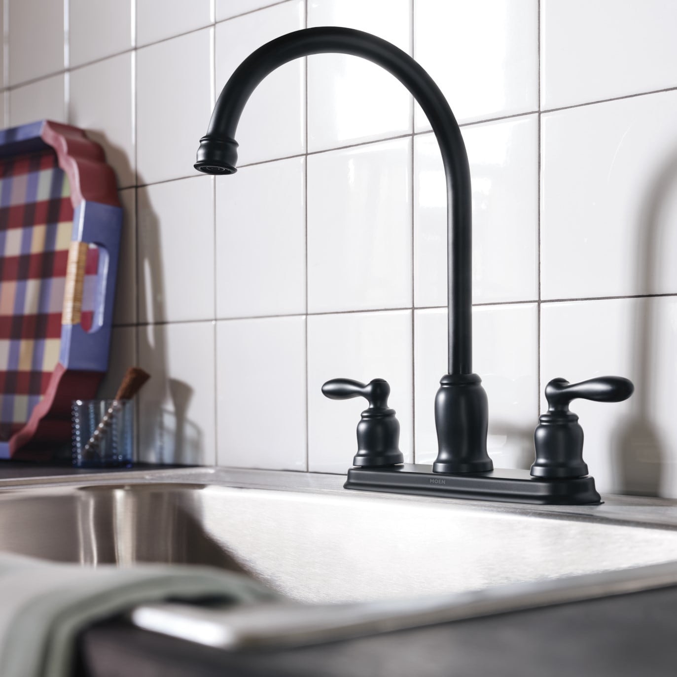 slide 3 of 6, Moen Caldwell Matte Black Double Handle Deck-mount Kitchen Faucet (Includes Deck Plate), 1 ct