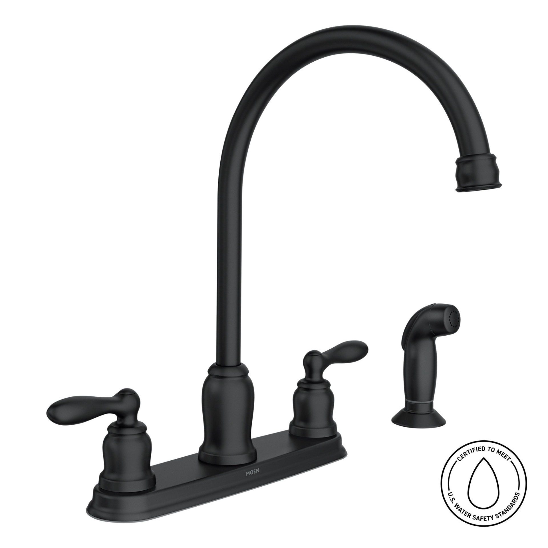 slide 2 of 6, Moen Caldwell Matte Black Double Handle Deck-mount Kitchen Faucet with Sprayer (Includes Deck Plate) (Includes Side Sprayer), 1 ct