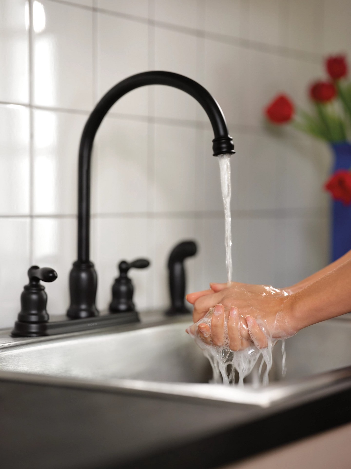 slide 6 of 6, Moen Caldwell Matte Black Double Handle Deck-mount Kitchen Faucet with Sprayer (Includes Deck Plate) (Includes Side Sprayer), 1 ct