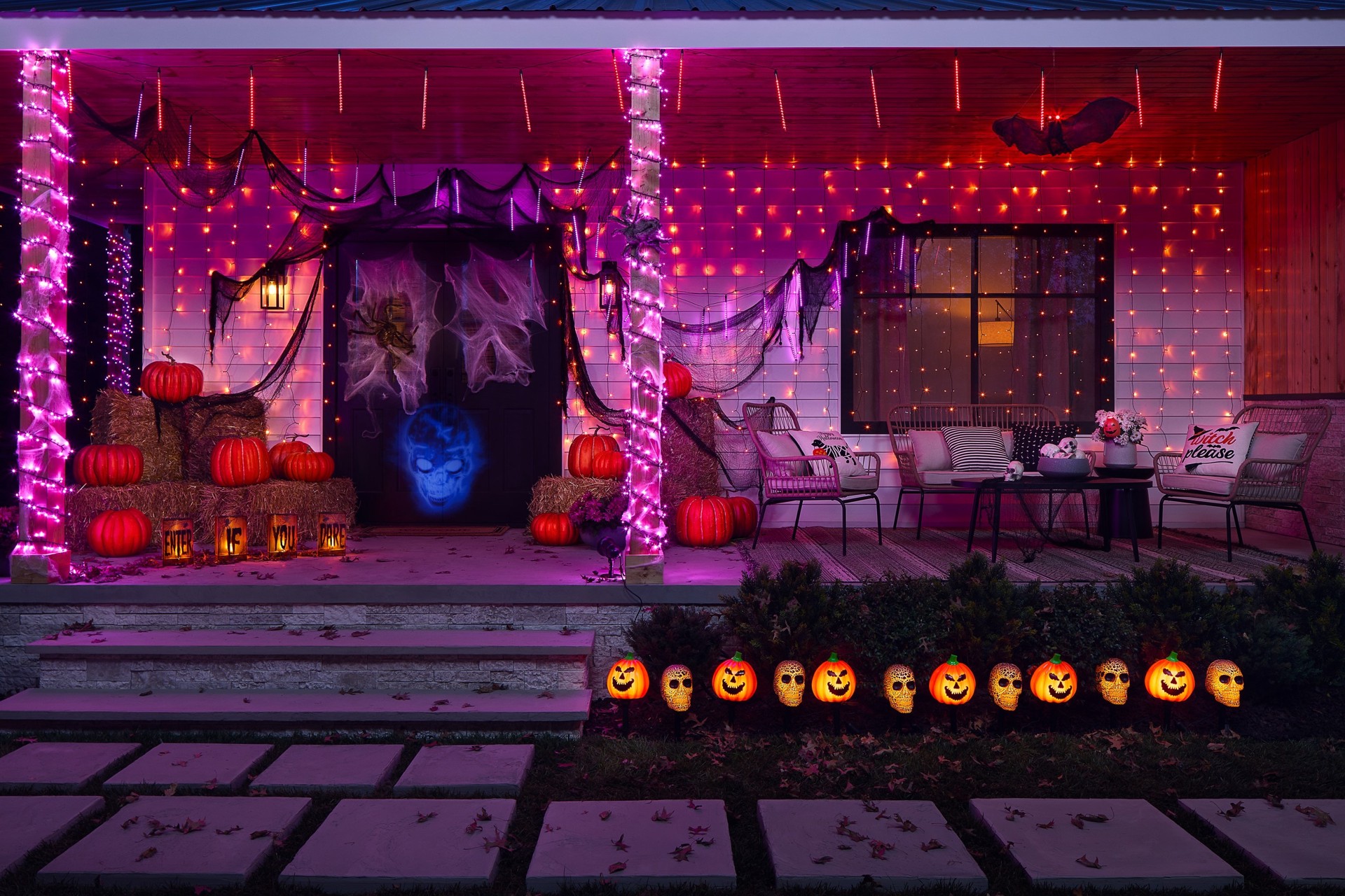 slide 2 of 4, Haunted Living 180-Count 8-ft LED Purple Micro Light Curtain, 1 ct